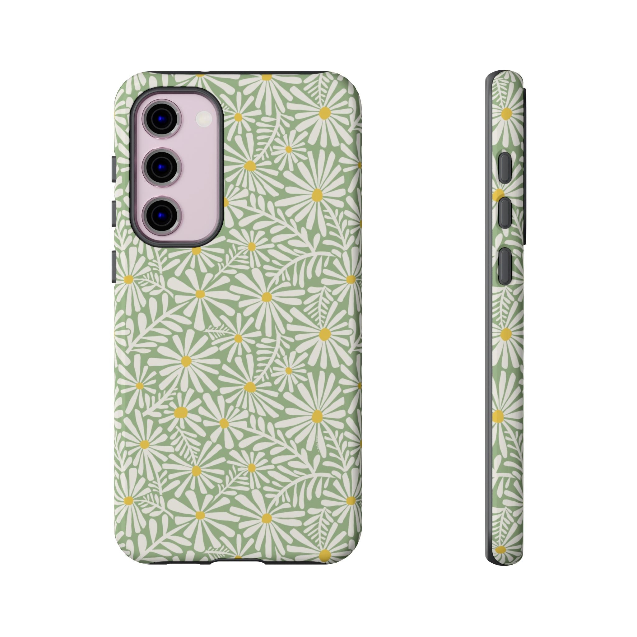 Montauk Daisy Meadow Green Samsung Galaxy S23 Plus Glossy case — white daisy and fern print on sage green by Kate Spain