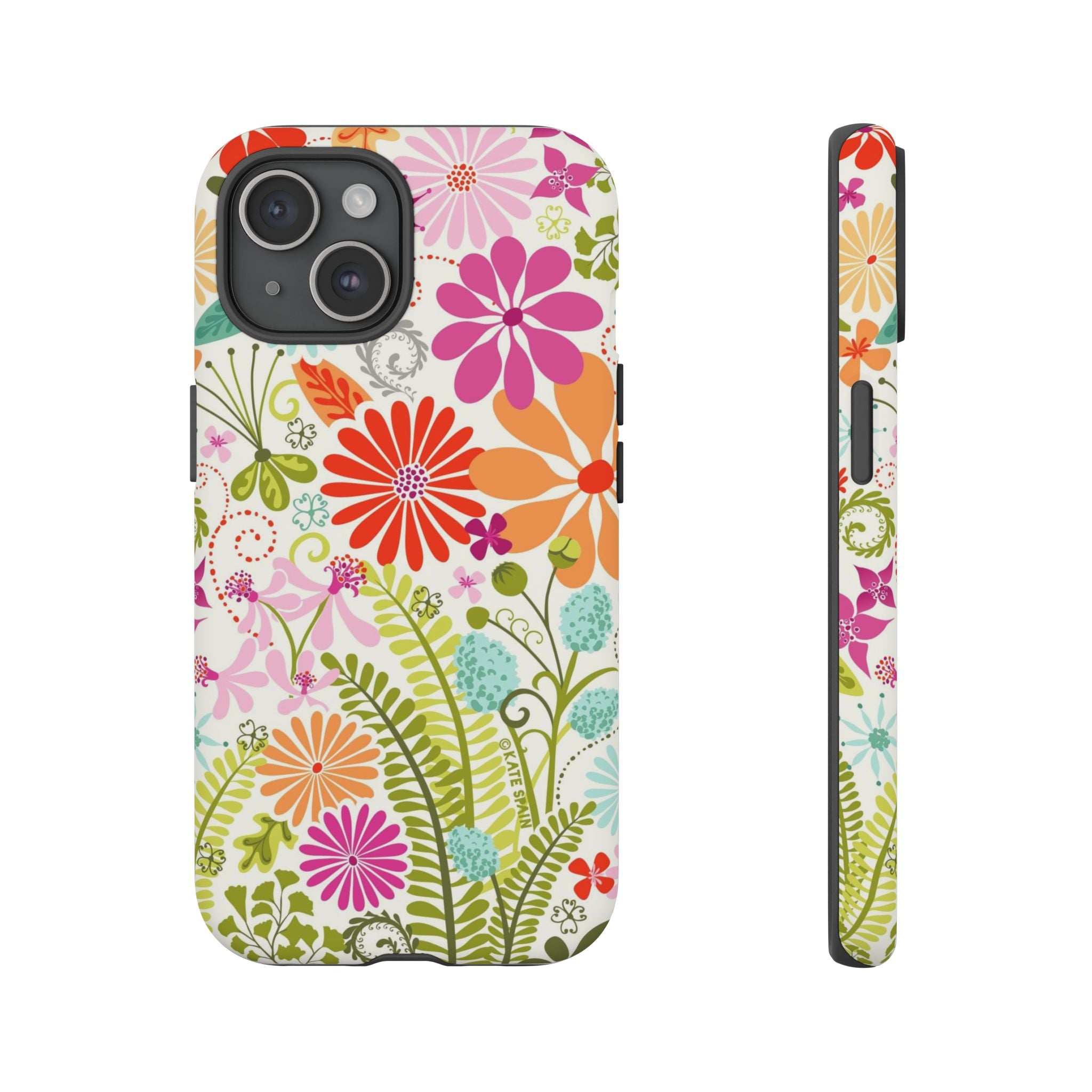 Luxury Terrain Tough iPhone 15 Case – Matte | white, magenta, coral botanical woodland floral print