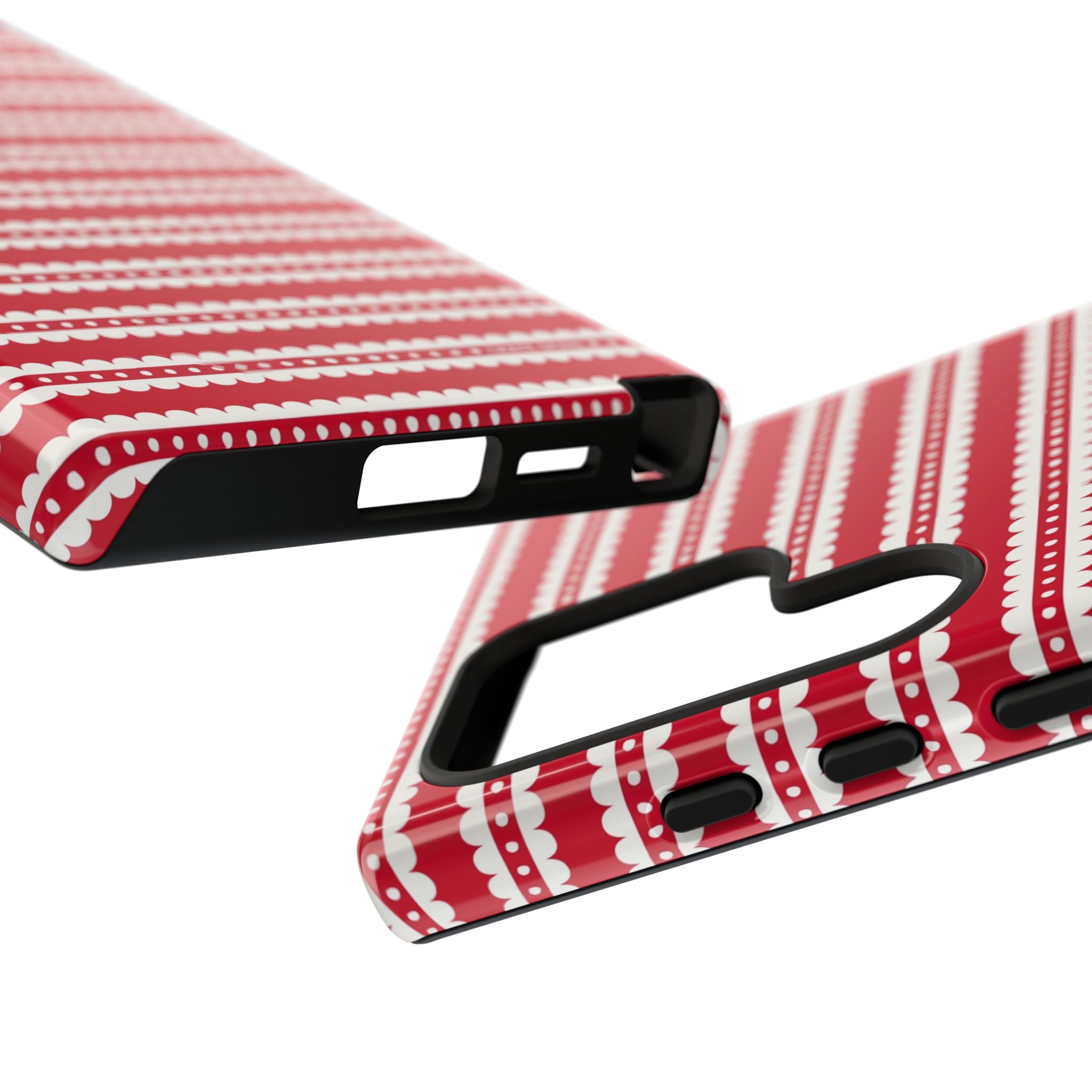 Candy Cane Stripe Samsung Galaxy S24 Ultra Case – side view of case buttons and ports | red, cream scalloped candy cane stripe print