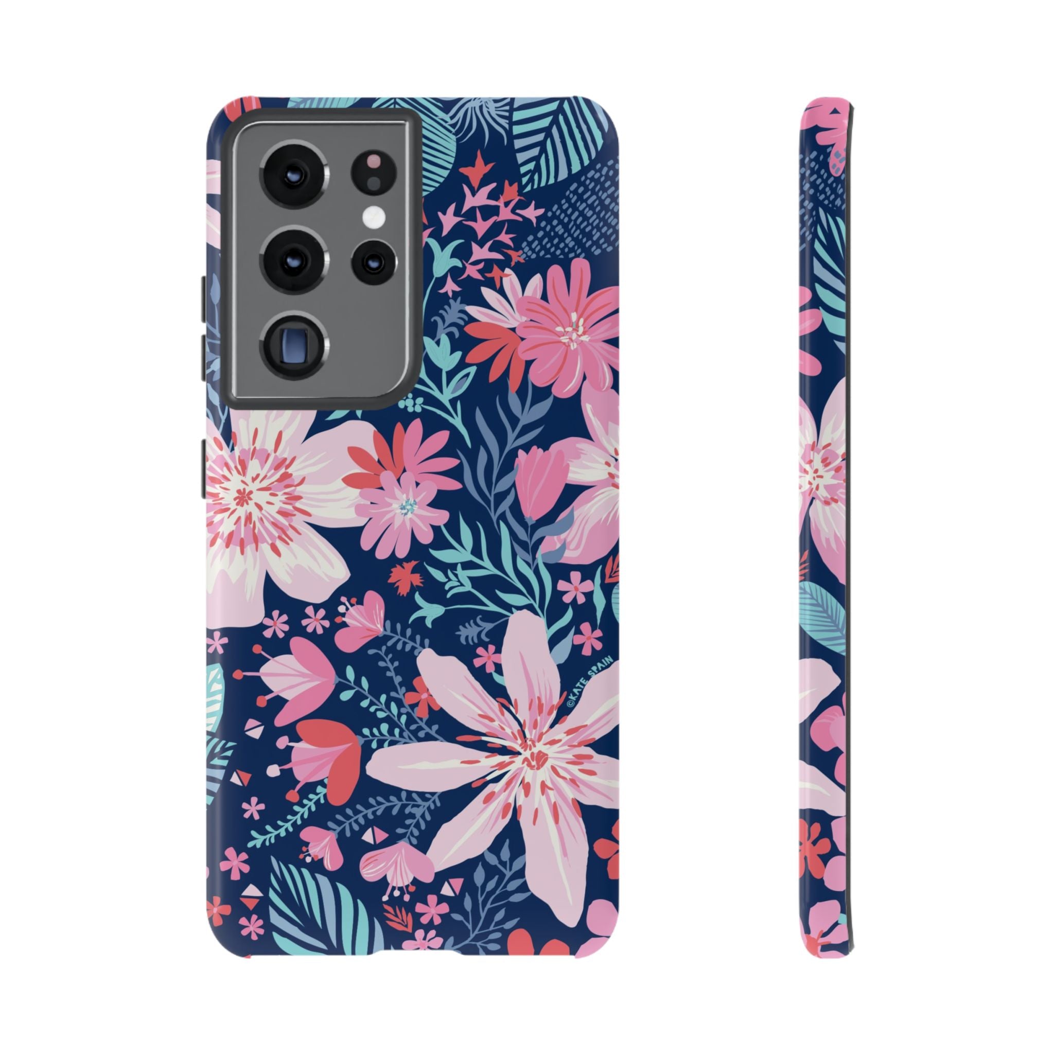 Tropical Bonaire Samsung Galaxy S21 Ultra Case – Glossy | navy, pink, white tropical floral botanical print
