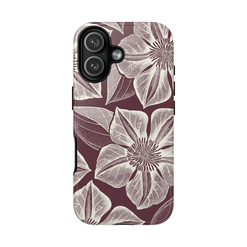 Vintage Bloom Burgundy iPhone 17 case – Glossy | burgundy ground, large-scale cream clematis print, engraved petal detail, dual-layer protection