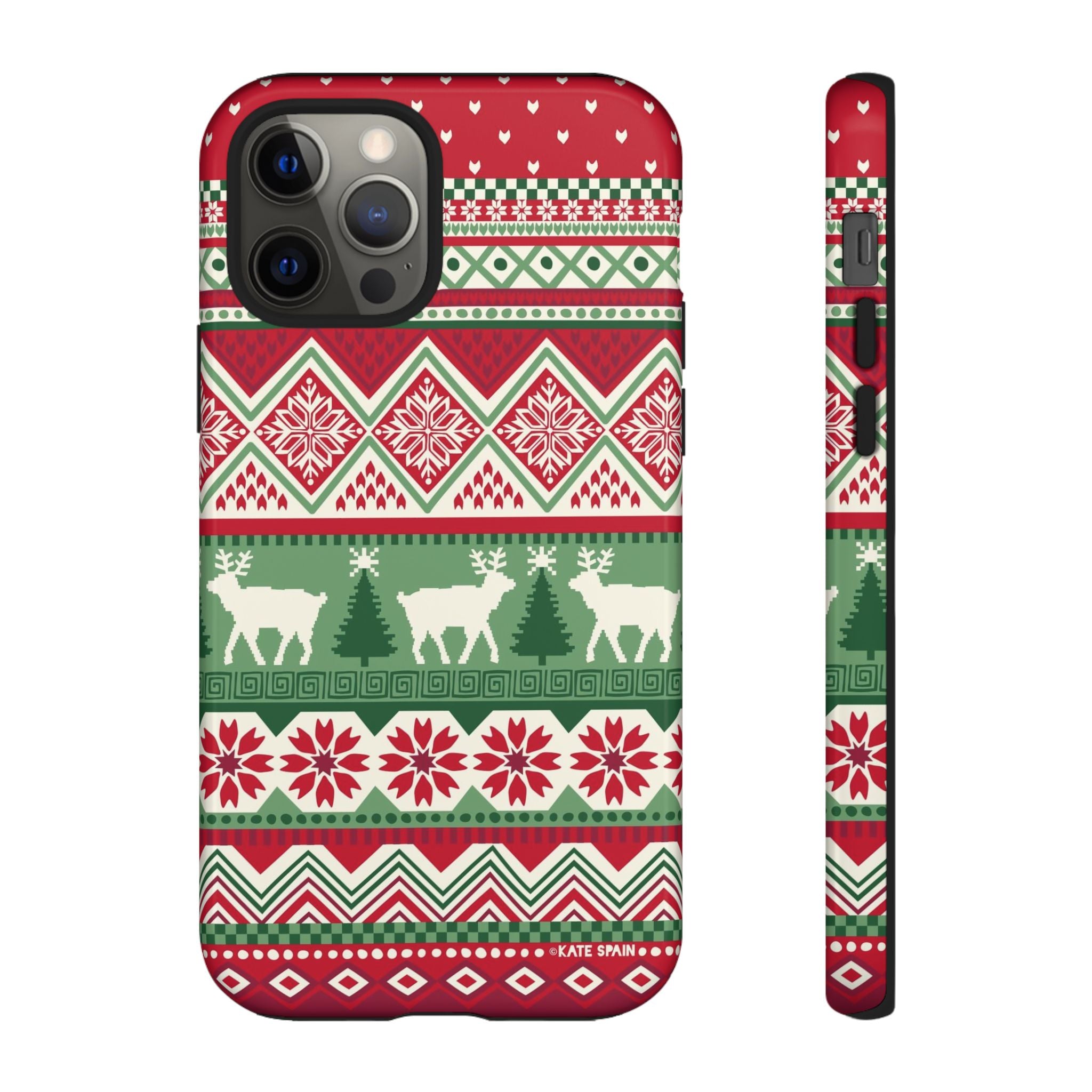 Telemark Tough iPhone 12 Pro Case – Glossy | red, green, cream fair isle reindeer Nordic print