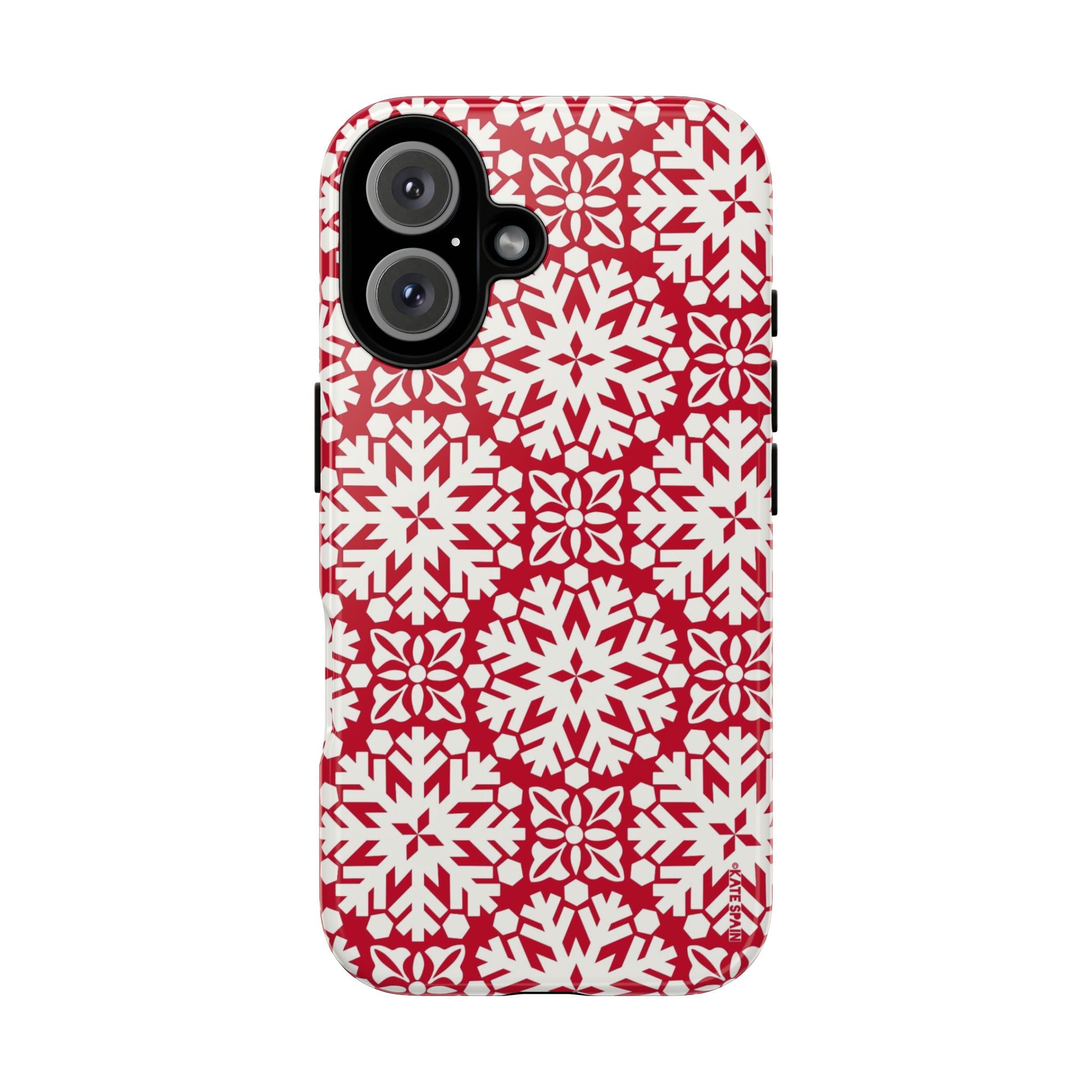 Flurry Tough iPhone 16 Case – Glossy | red, cream geometric snowflake medallion print