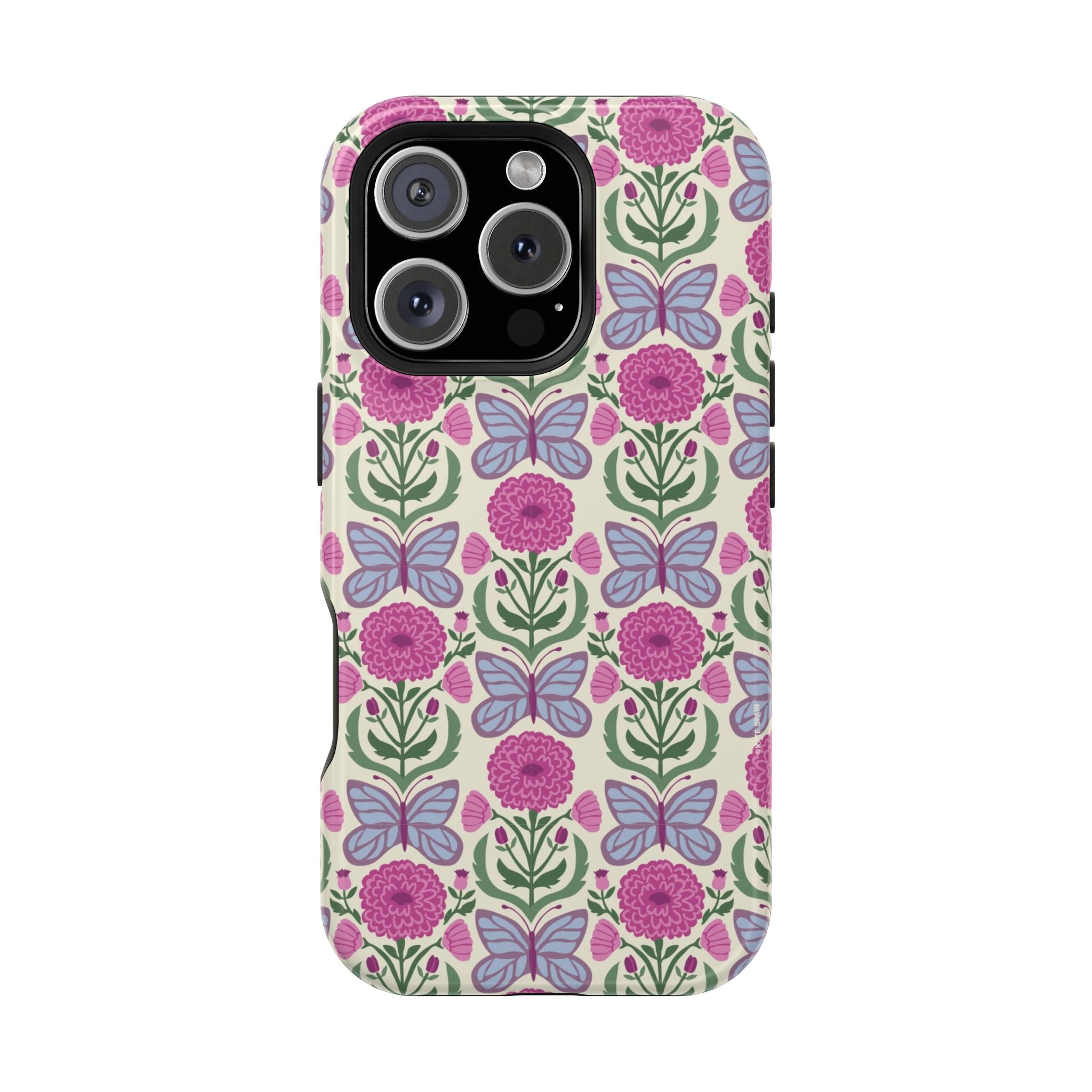 Butterfly MagSafe iPhone 16 Pro Case – Glossy | cream, magenta, periwinkle butterfly floral print