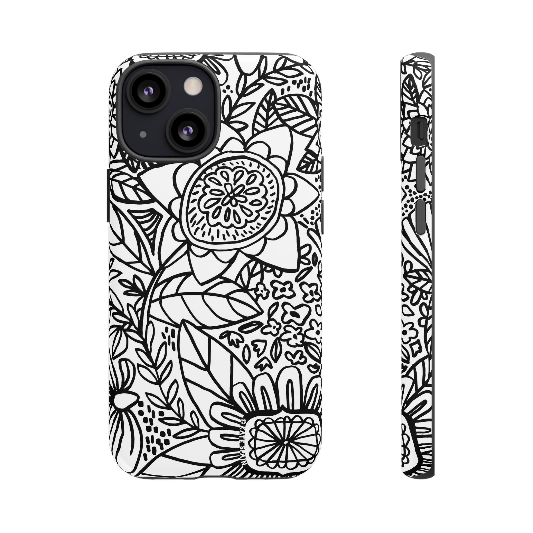 Esprit Tough iPhone 13 Mini Case – Matte | white, black botanical line art floral print