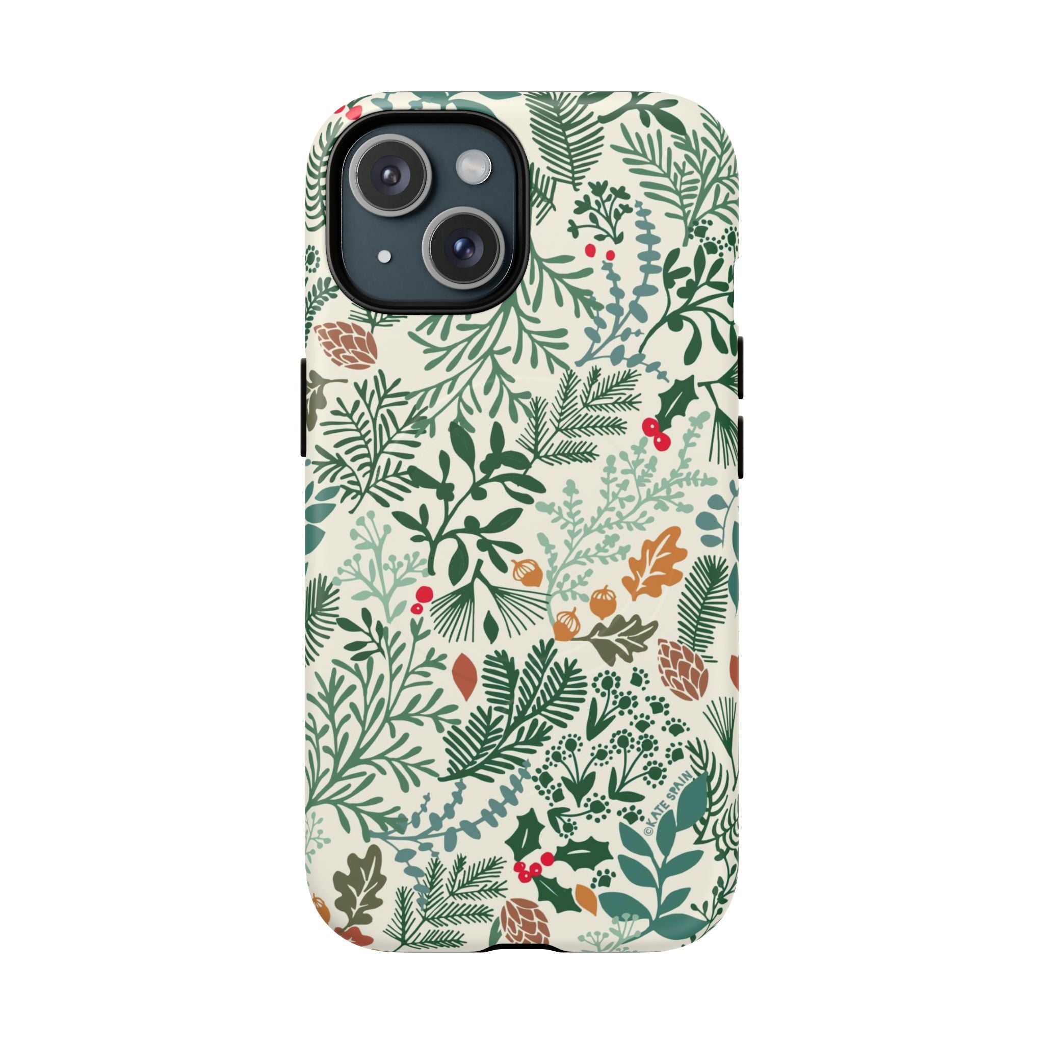 Juniper MagSafe iPhone 15 Case – Matte | cream, forest green, sage, and rust winter botanical print with pine, holly, acorns, and pinecones