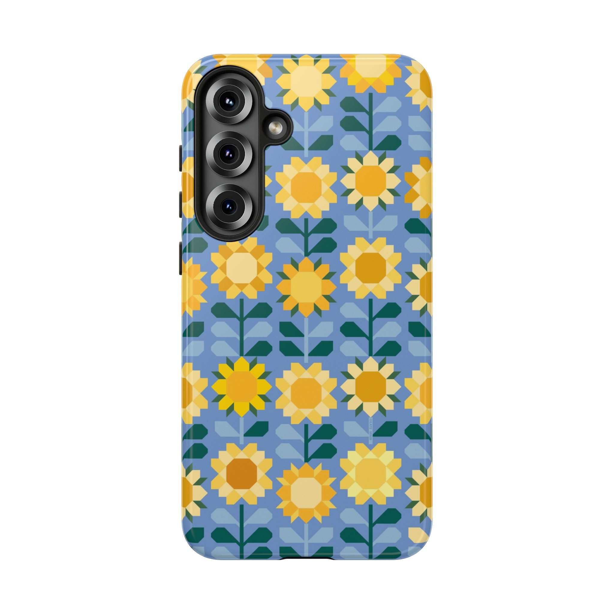 Luxury Sunflowers Samsung Galaxy S25 Plus Case – Glossy | blue, yellow, gold geometric sunflower print 