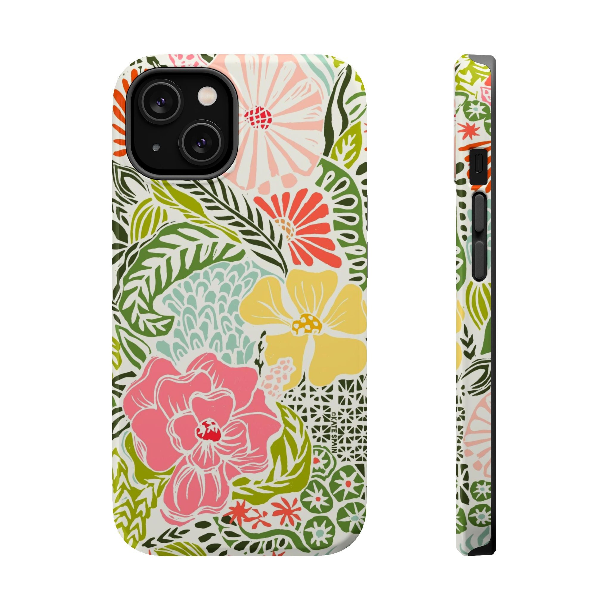 Tropica MagSafe iPhone 14 Case – Glossy | cream, pink, yellow, blue botanical floral print MagSafe compatible, dual-layer protection