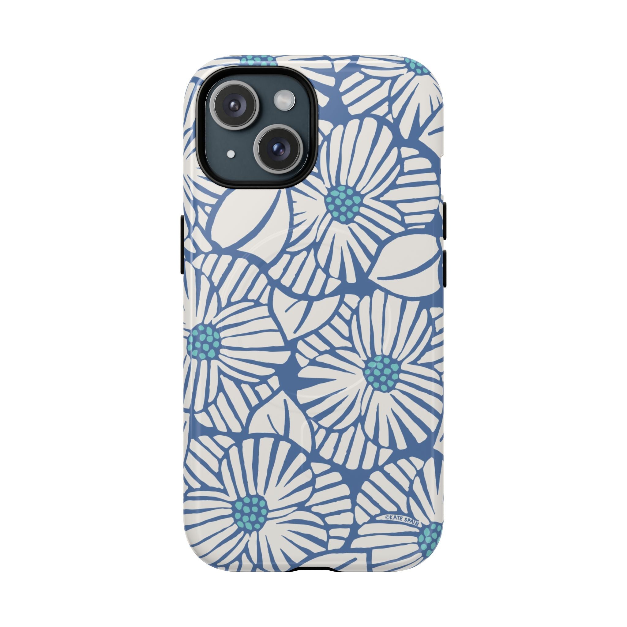 Calendula MagSafe iPhone 15 Case – Glossy | periwinkle, cream, teal graphic daisy floral print