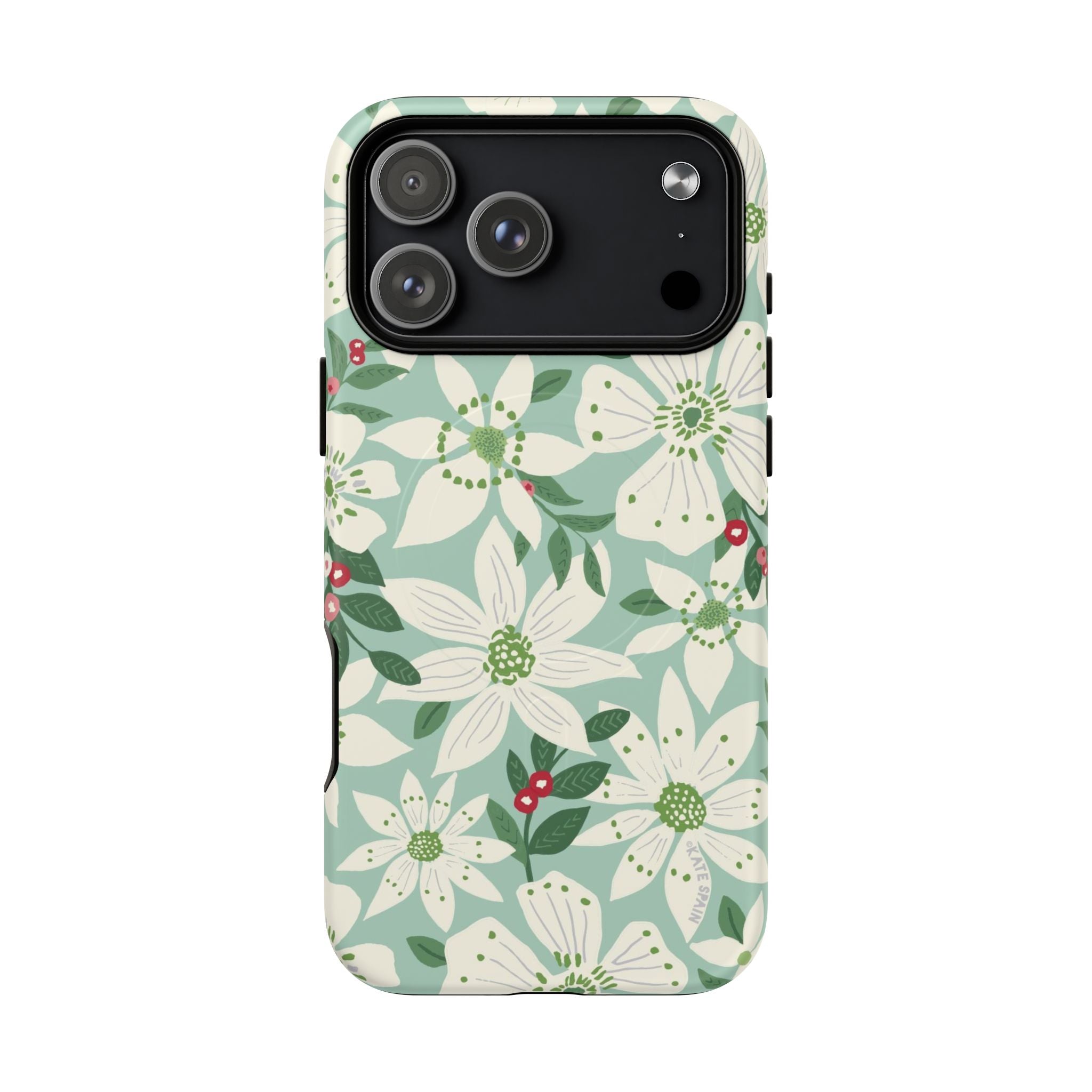 Gardenia MagSafe iPhone 17 Pro Max Case – Matte | light blue, white, green, red gardenia botanical print