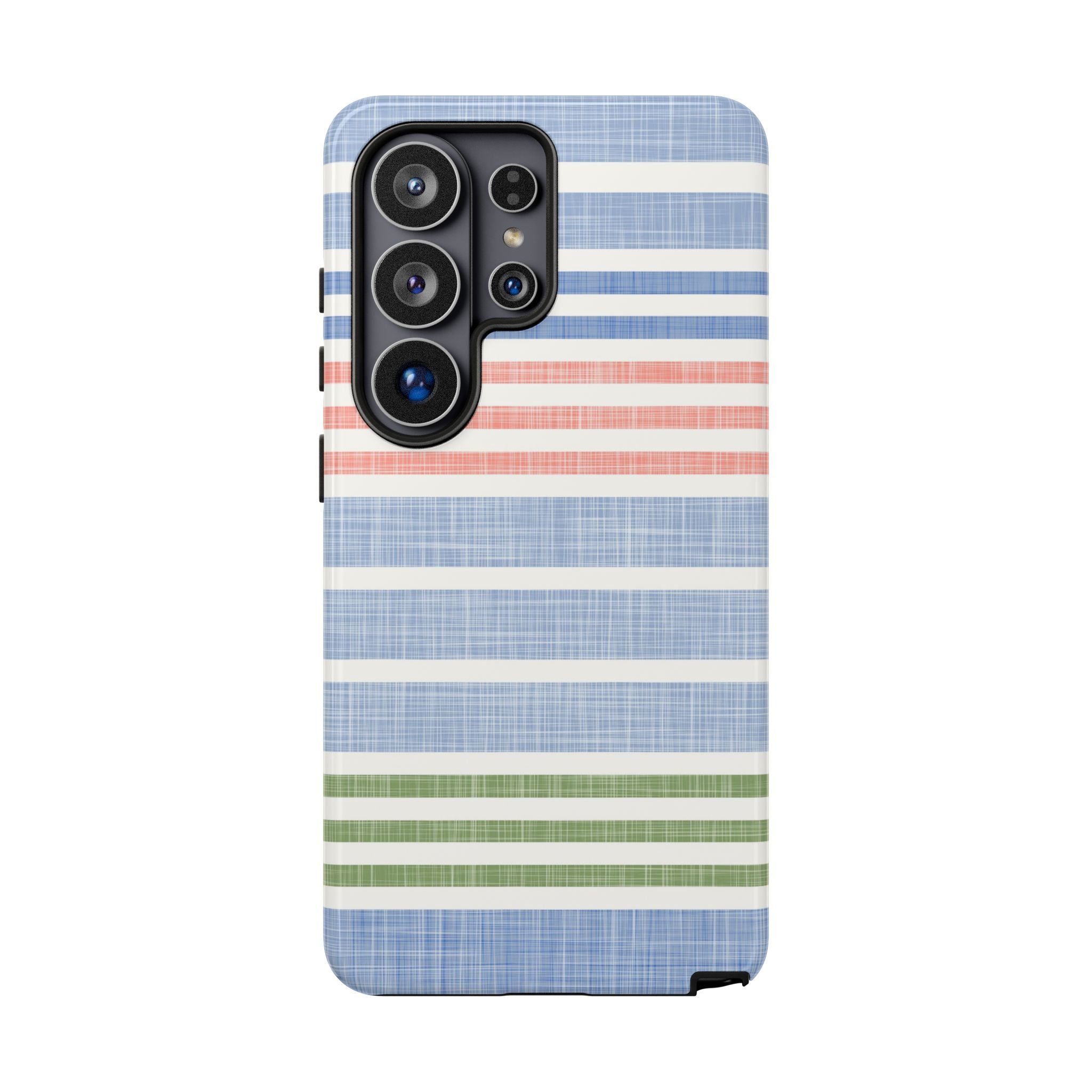 Cabana Stripe Pastel Samsung Galaxy S26 Ultra Case – Glossy | soft blue, coral, sage green chambray-textured stripe print dual-layer protection
