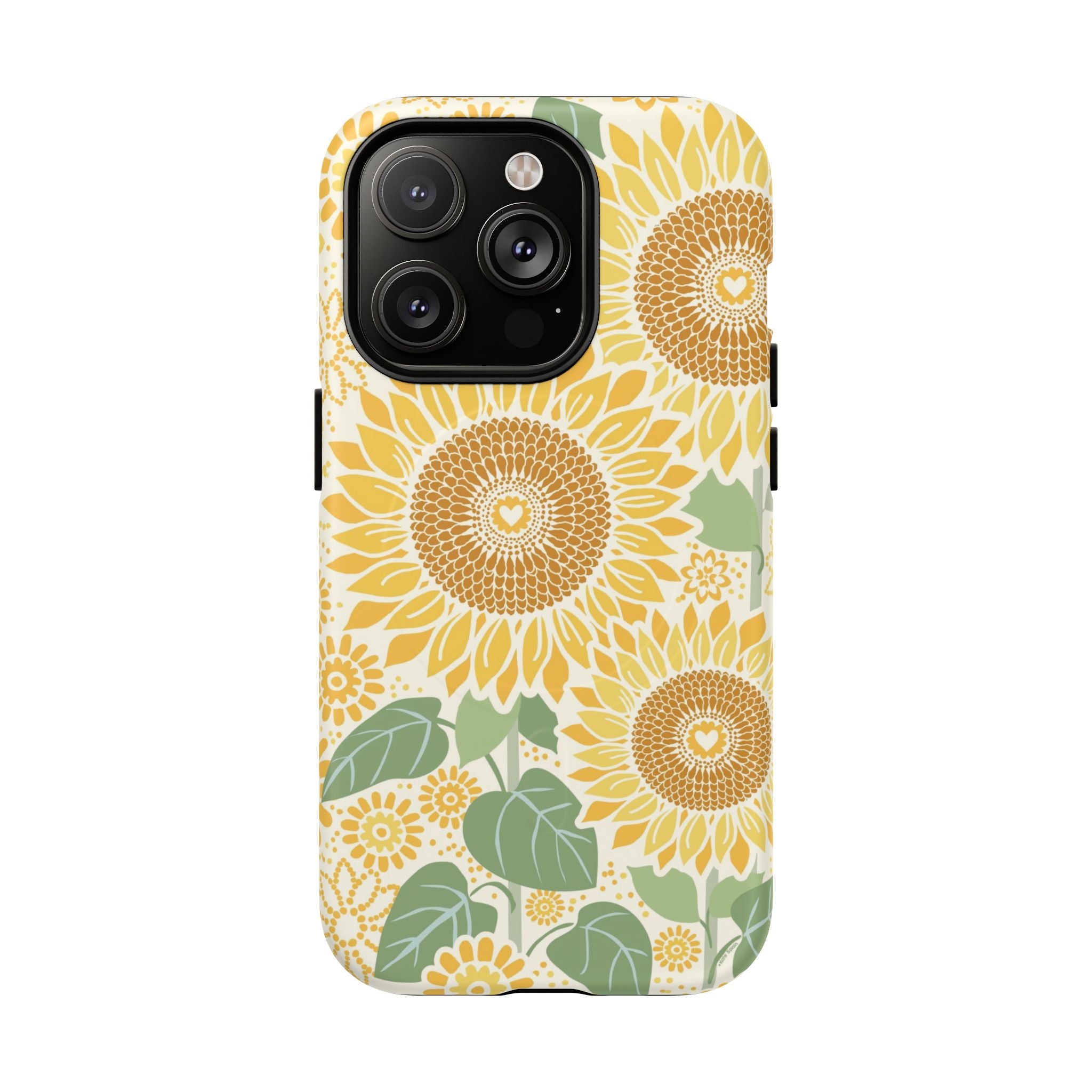 Sunny Sunflower MagSafe iPhone 14 Pro – Matte | cream ground, large-scale yellow sunflower print, golden seed detail with heart centers, dual-layer protection