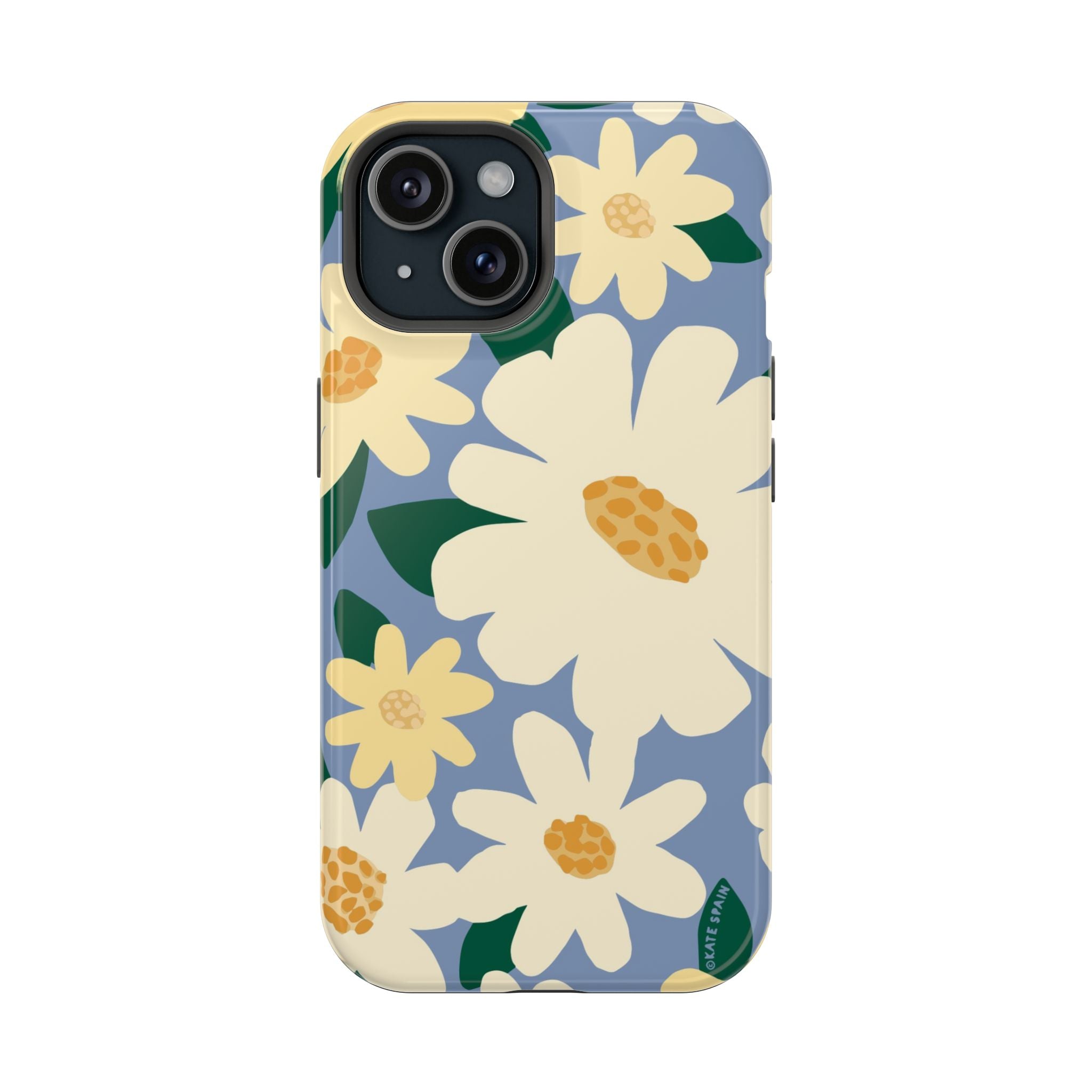Chamomile MagSafe iPhone 15 Case – Glossy | periwinkle, cream, yellow botanical daisy floral print MagSafe compatible, dual-layer protection