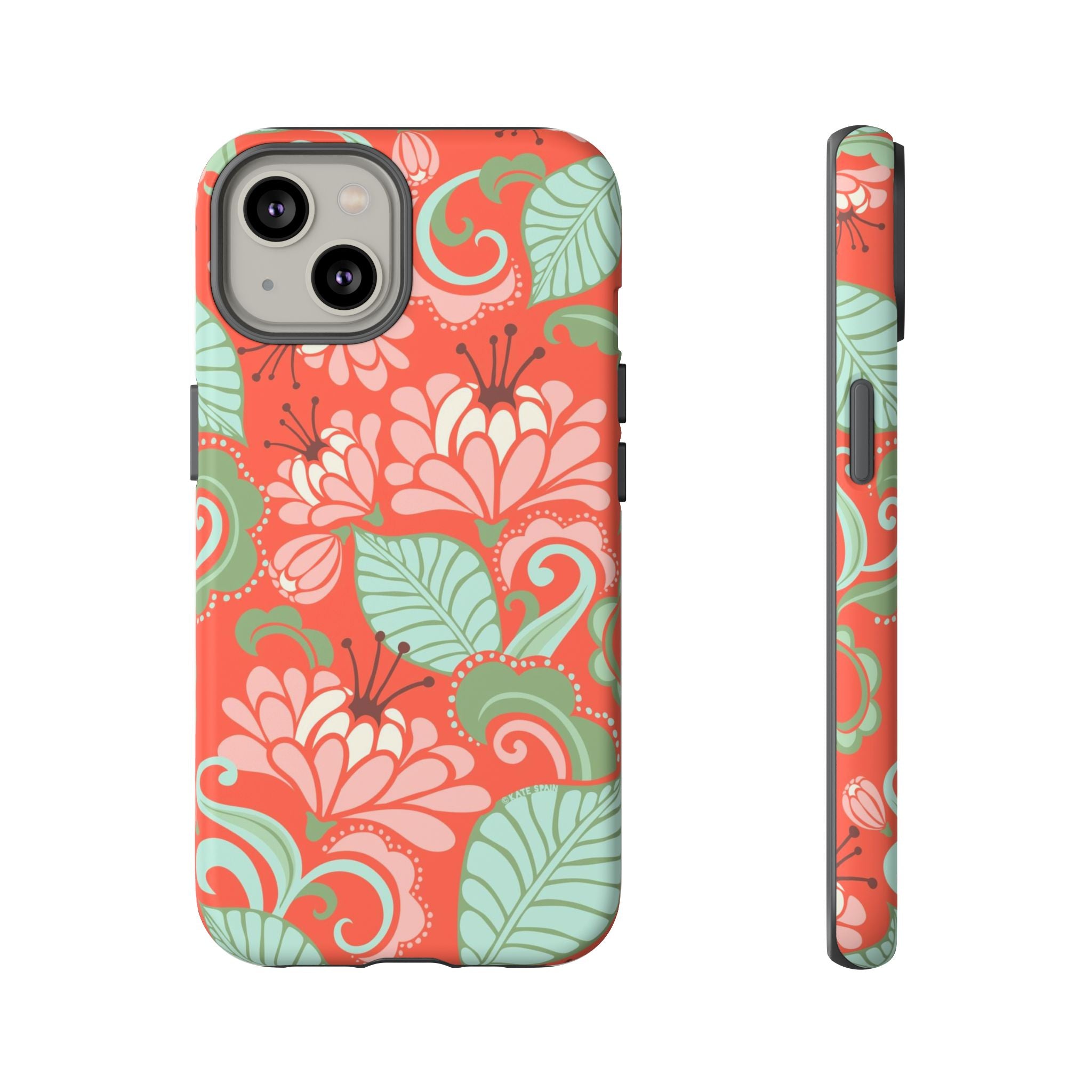 Sarabande Tough iPhone 14 Case – Matte | coral, pink, cream, green botanical floral print
