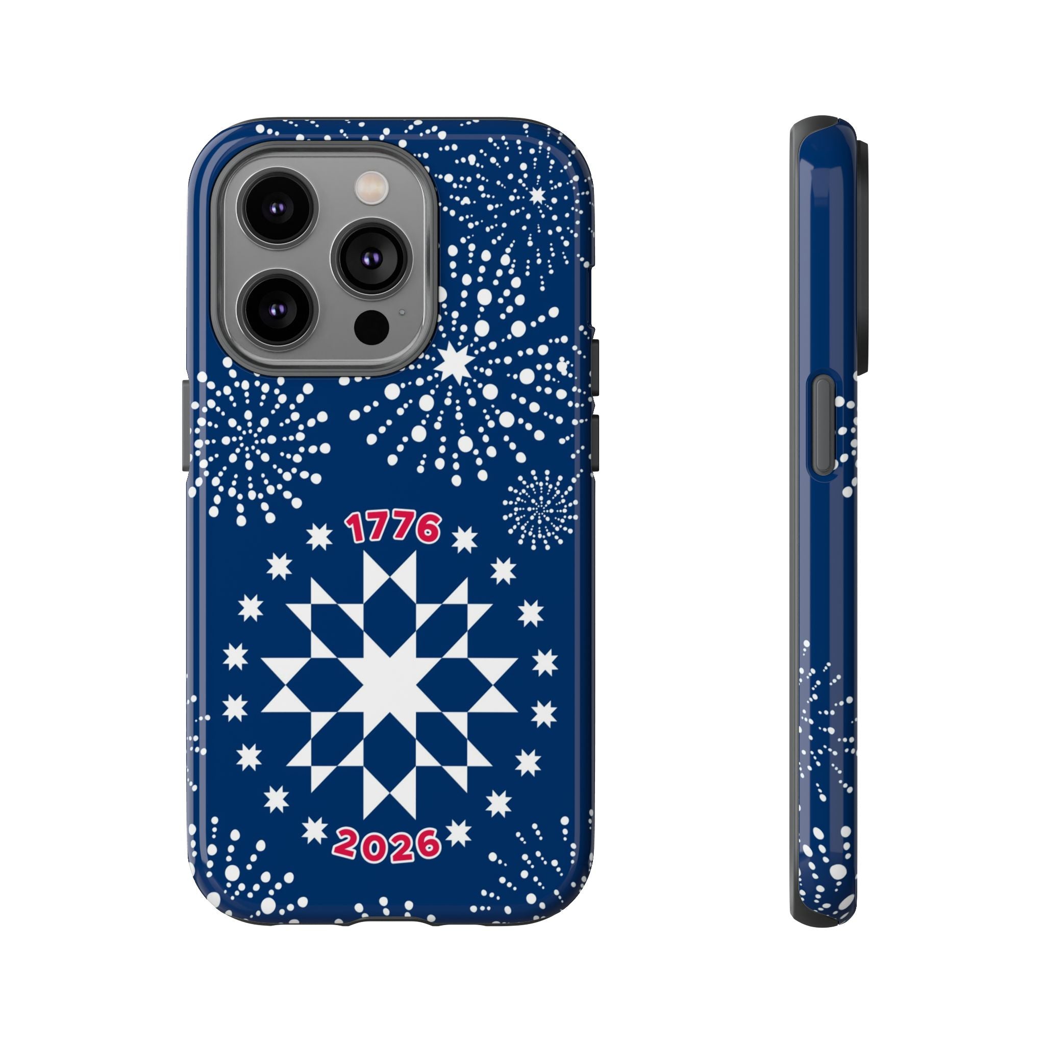 250th Fireworks Tough iPhone 14 Pro Case – Glossy | navy, white patriotic star quilt fireworks print