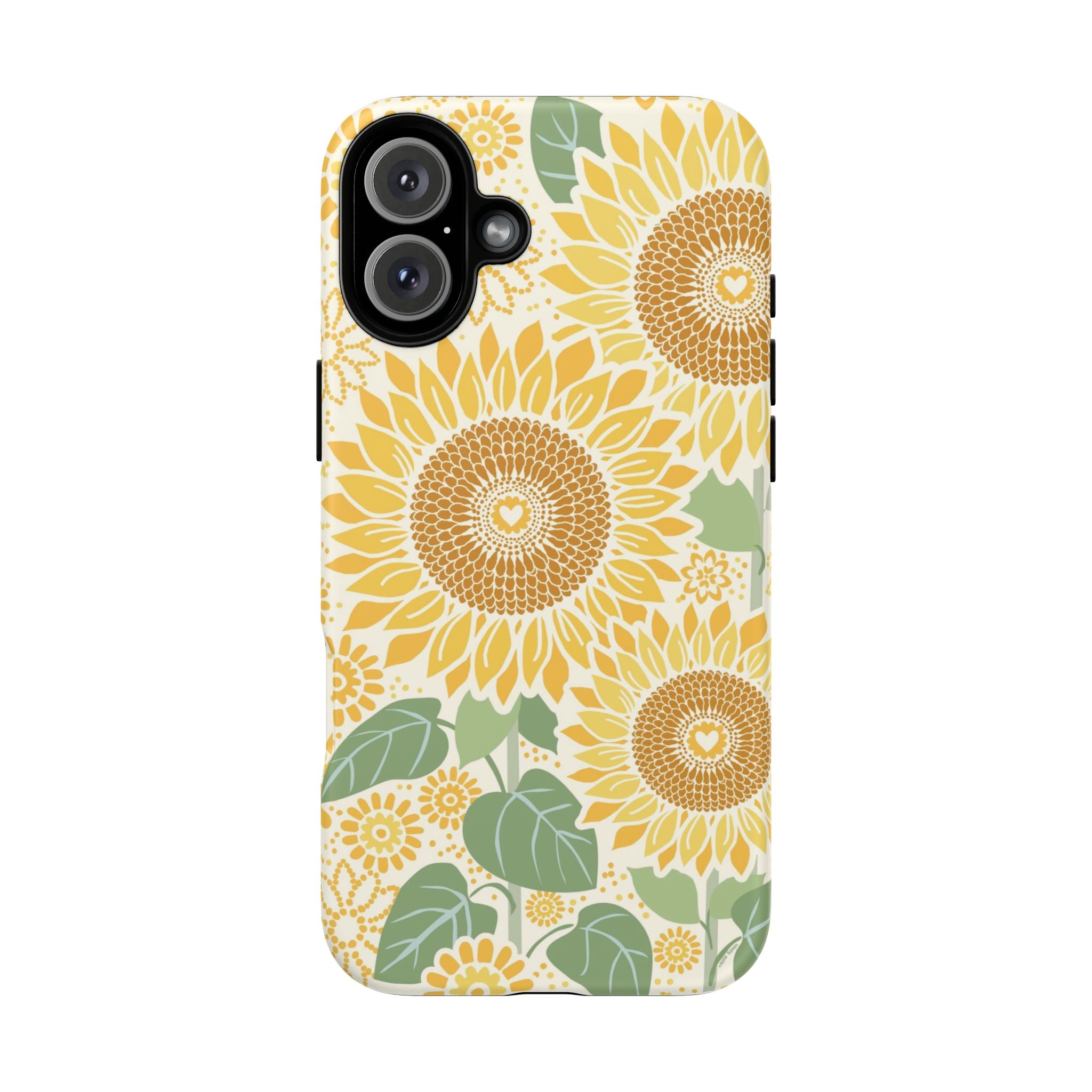 Sunny Sunflower iPhone 16 Plus case – Matte | cream ground, large-scale yellow sunflower print, golden seed detail with heart centers, dual-layer protection