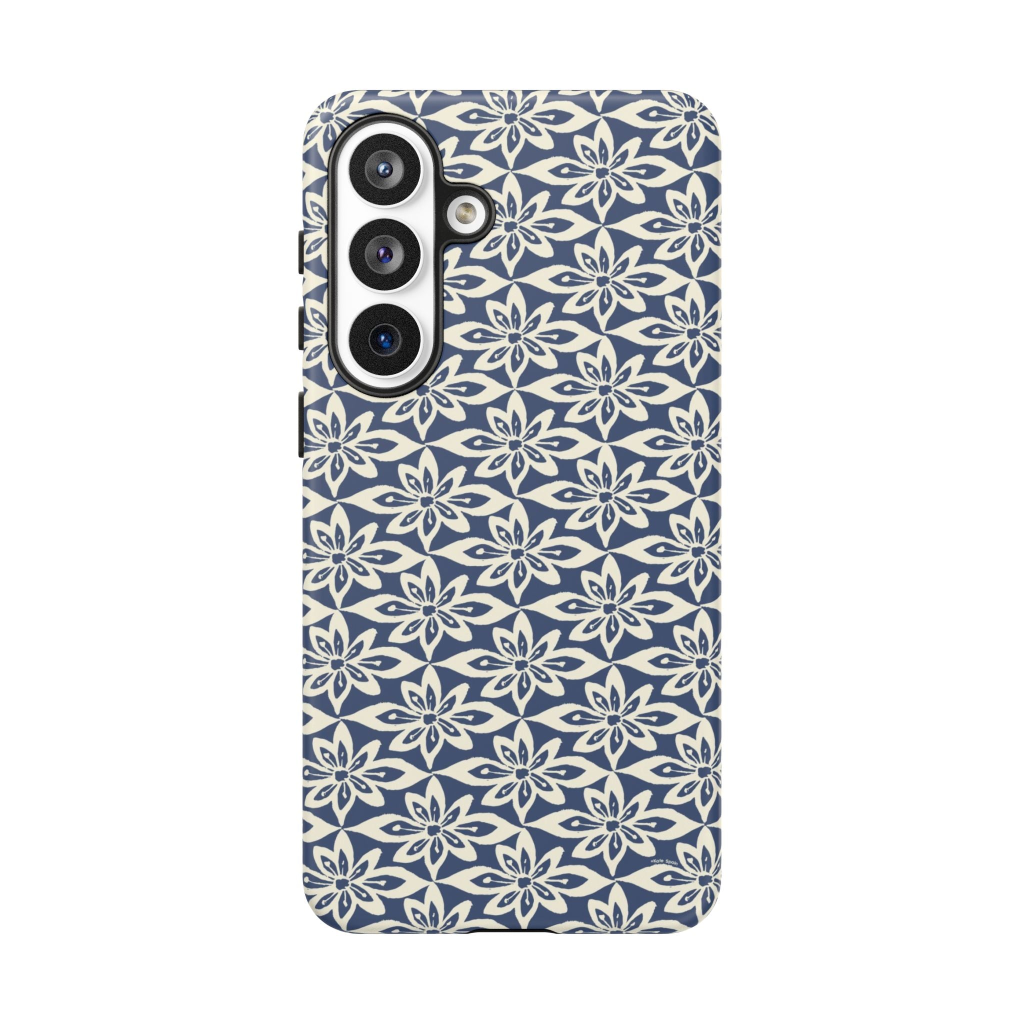 Lily Navy Blue Samsung Galaxy S26 Plus Matte case — graphic white lily print on deep navy — botanical phone case by Kate Spain
