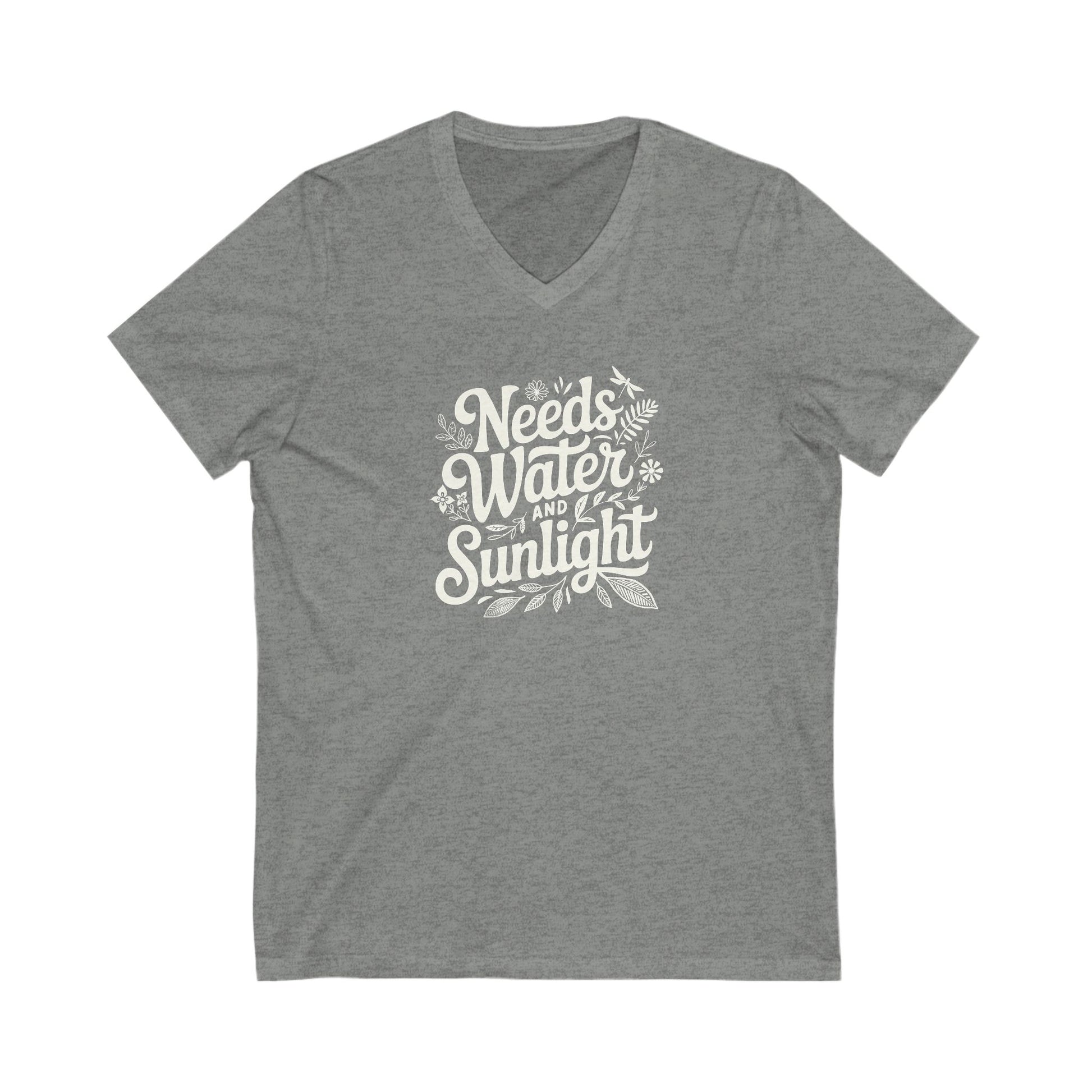 Medium Gray heather colored vneck t-shirt with white words that say 'Needs Water and Sunlight' in script style text with dragonfly, flower and leaf illustrations around the words.