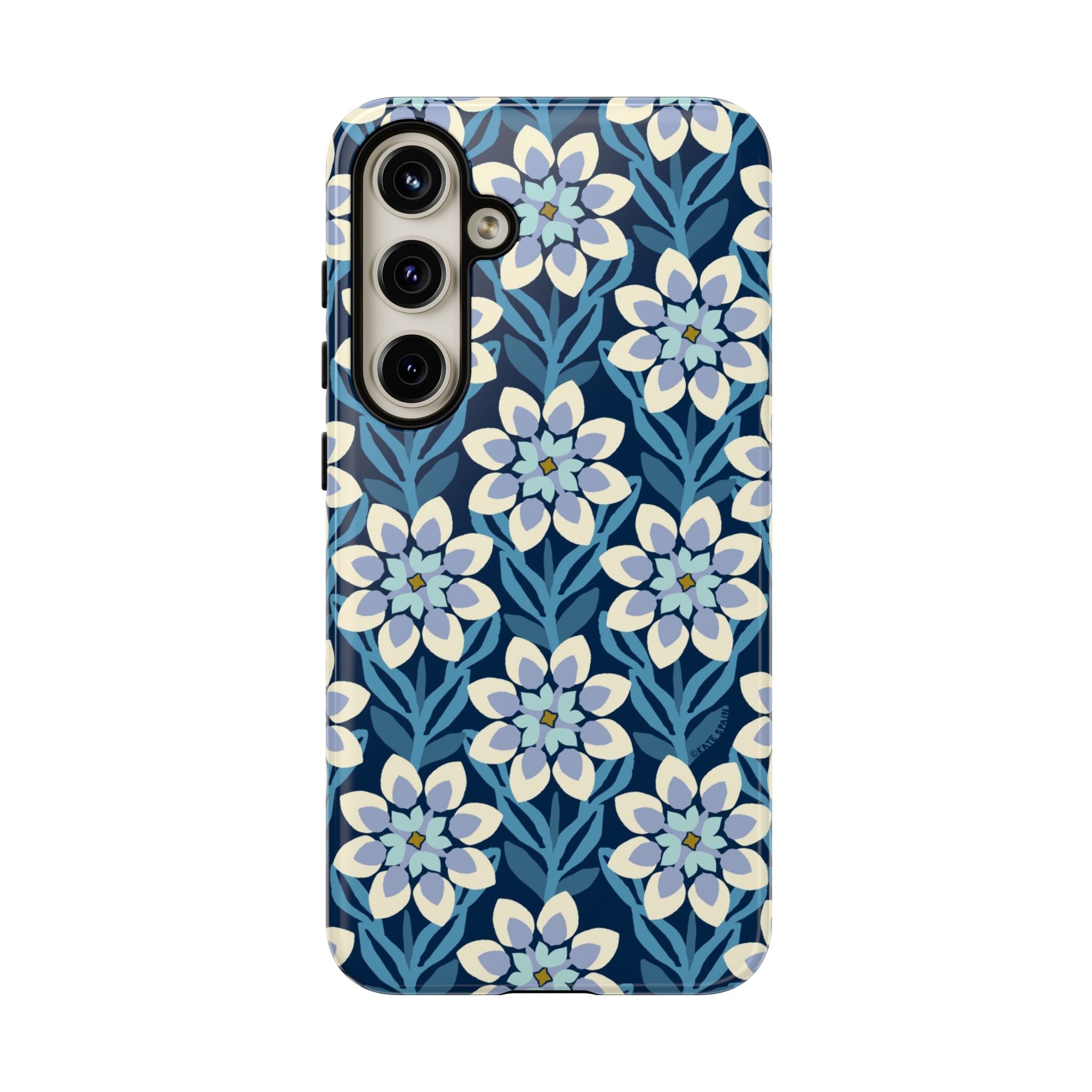 Luxury Modern Dahlia Samsung Galaxy S24 Plus Case – Glossy | navy, white, periwinkle modern dahlia print