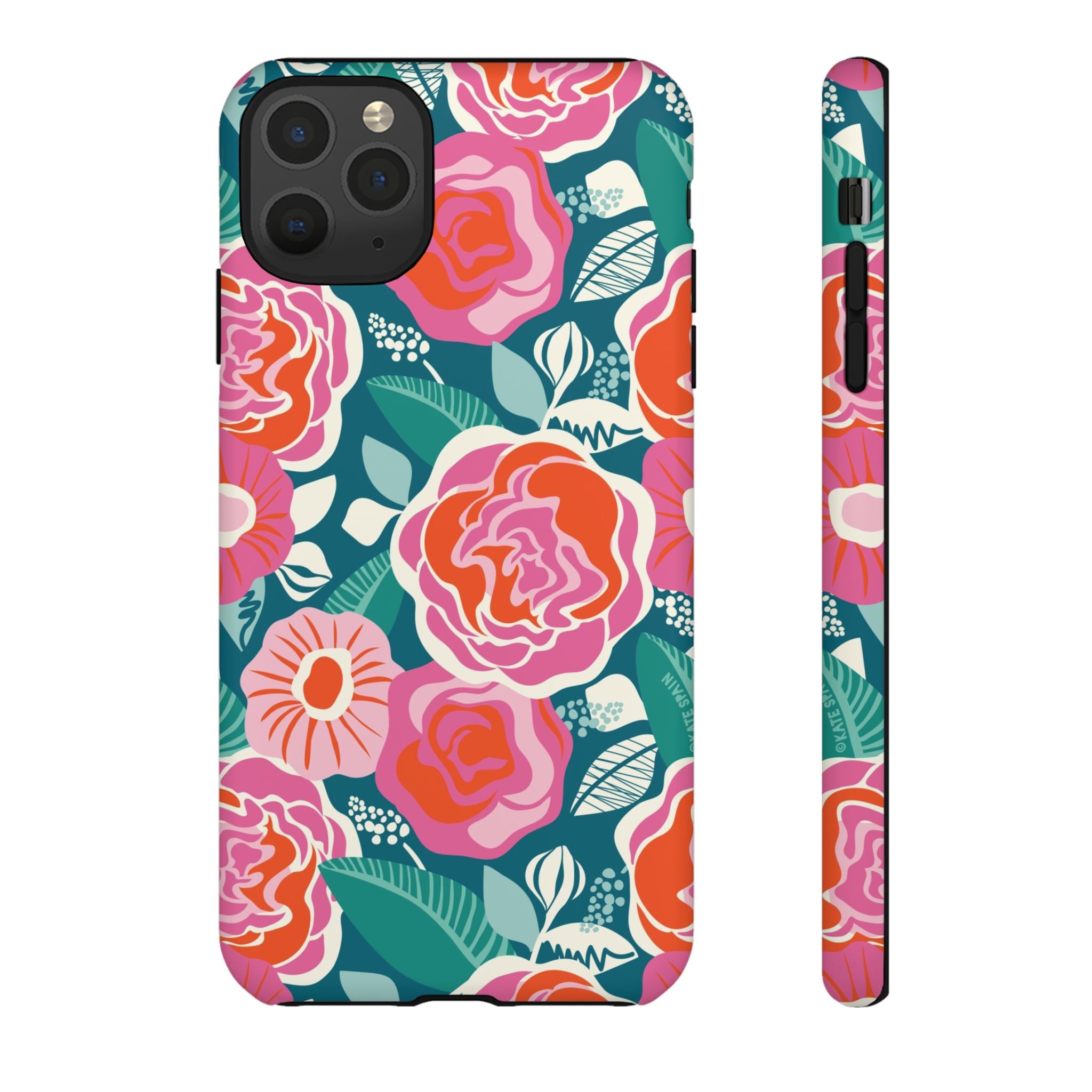 Tea Rose Teal Tough iPhone 11 Pro Max Case – Matte | teal, coral, pink botanical rose floral print