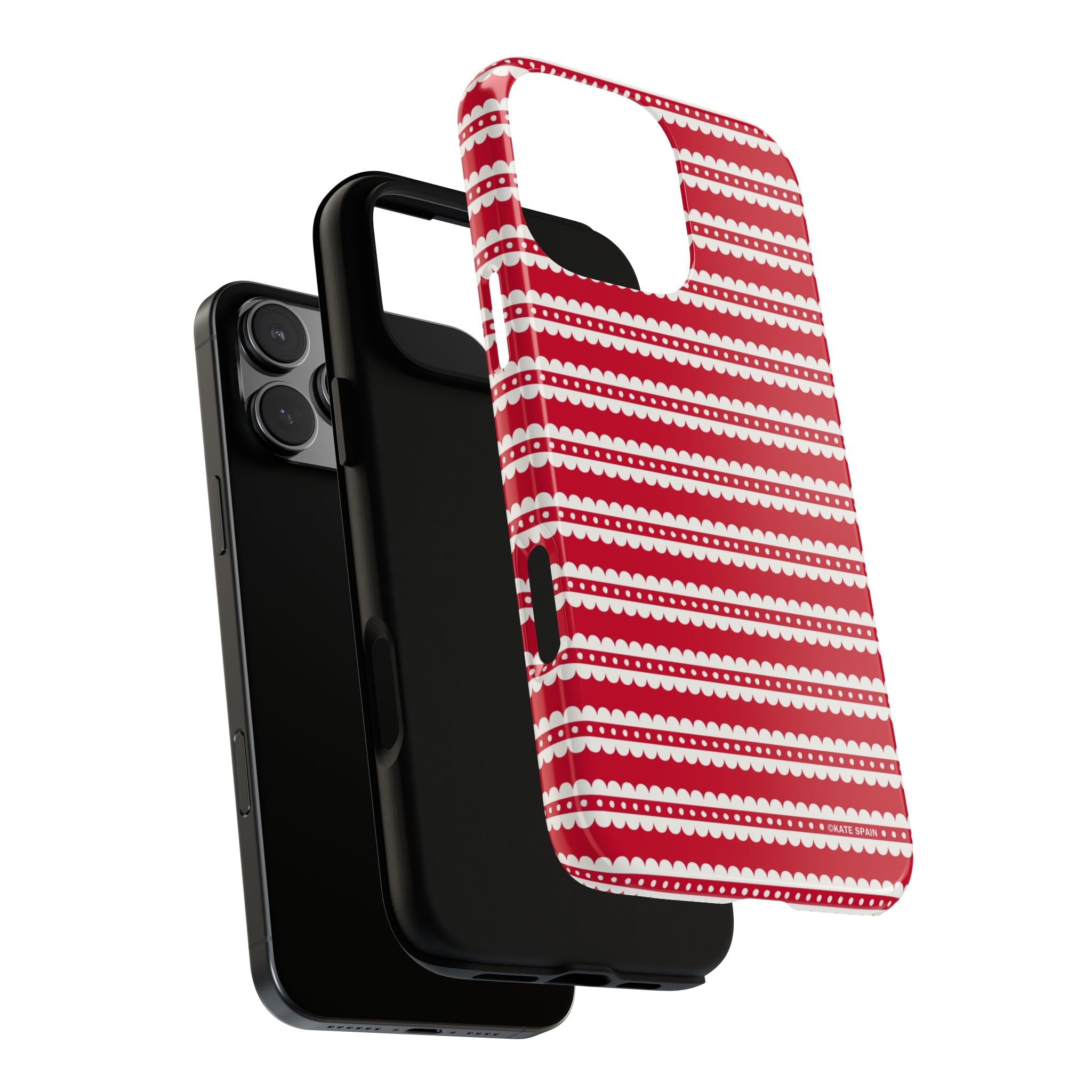 Candy Cane Stripe Tough iPhone 16 Pro Max Case – dual-layer construction detail | red, cream scalloped candy cane stripe print