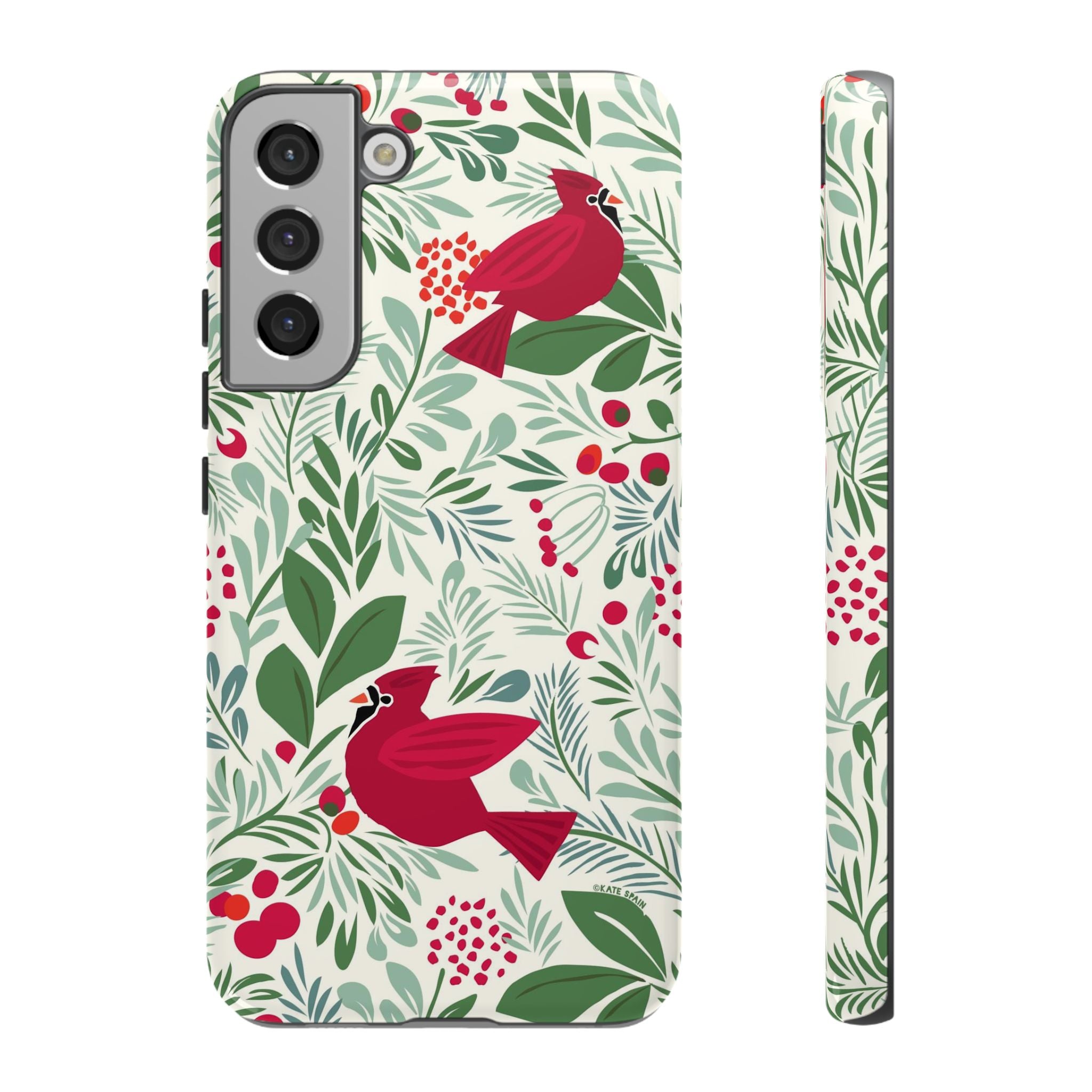 Birds and Berries Samsung Galaxy S22 Plus Case – Glossy | cream, red, green botanical cardinal berry print