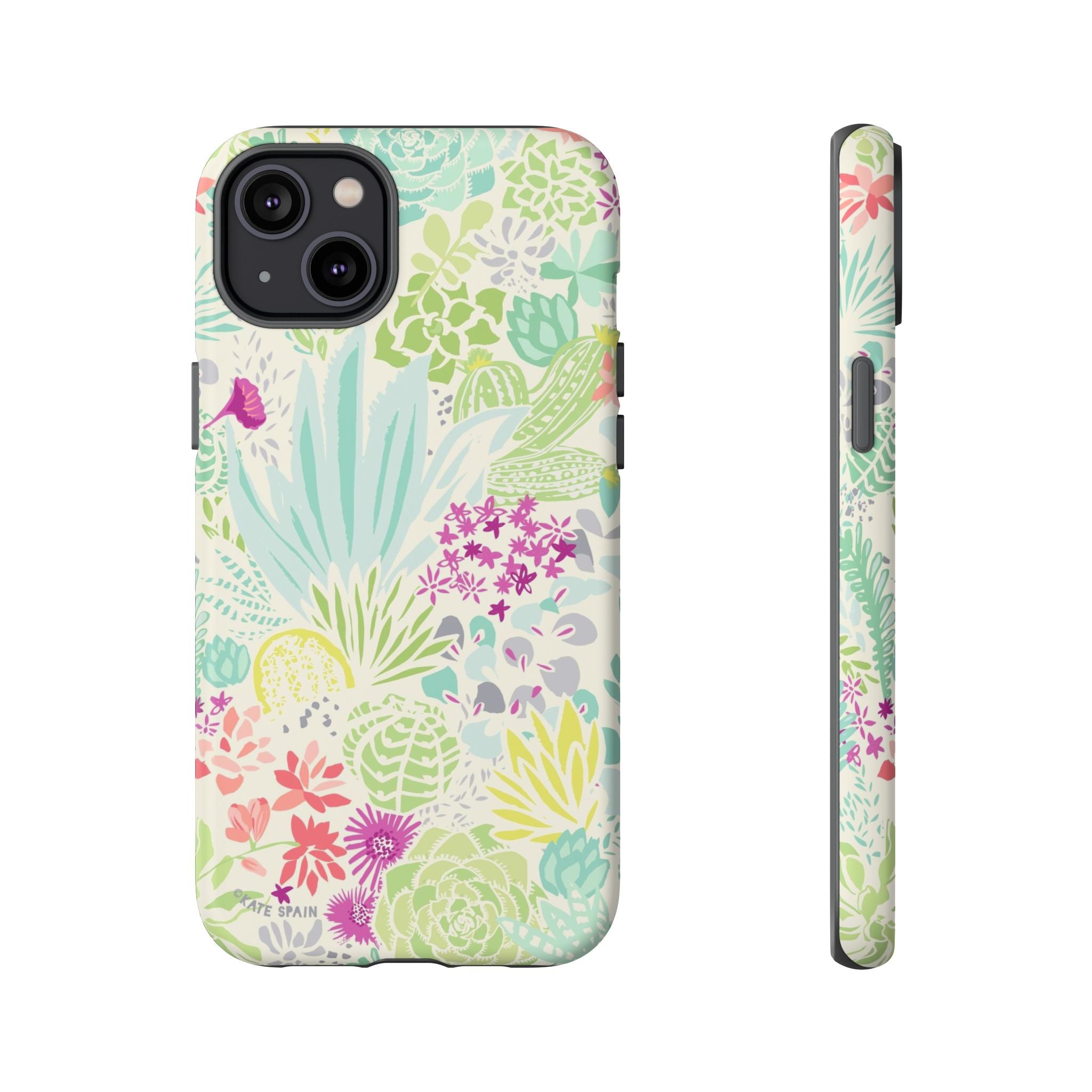 Canyon Tough iPhone 14 Plus Case – Matte | cream, sage, aqua, mauve, fuschia botanical succulent print