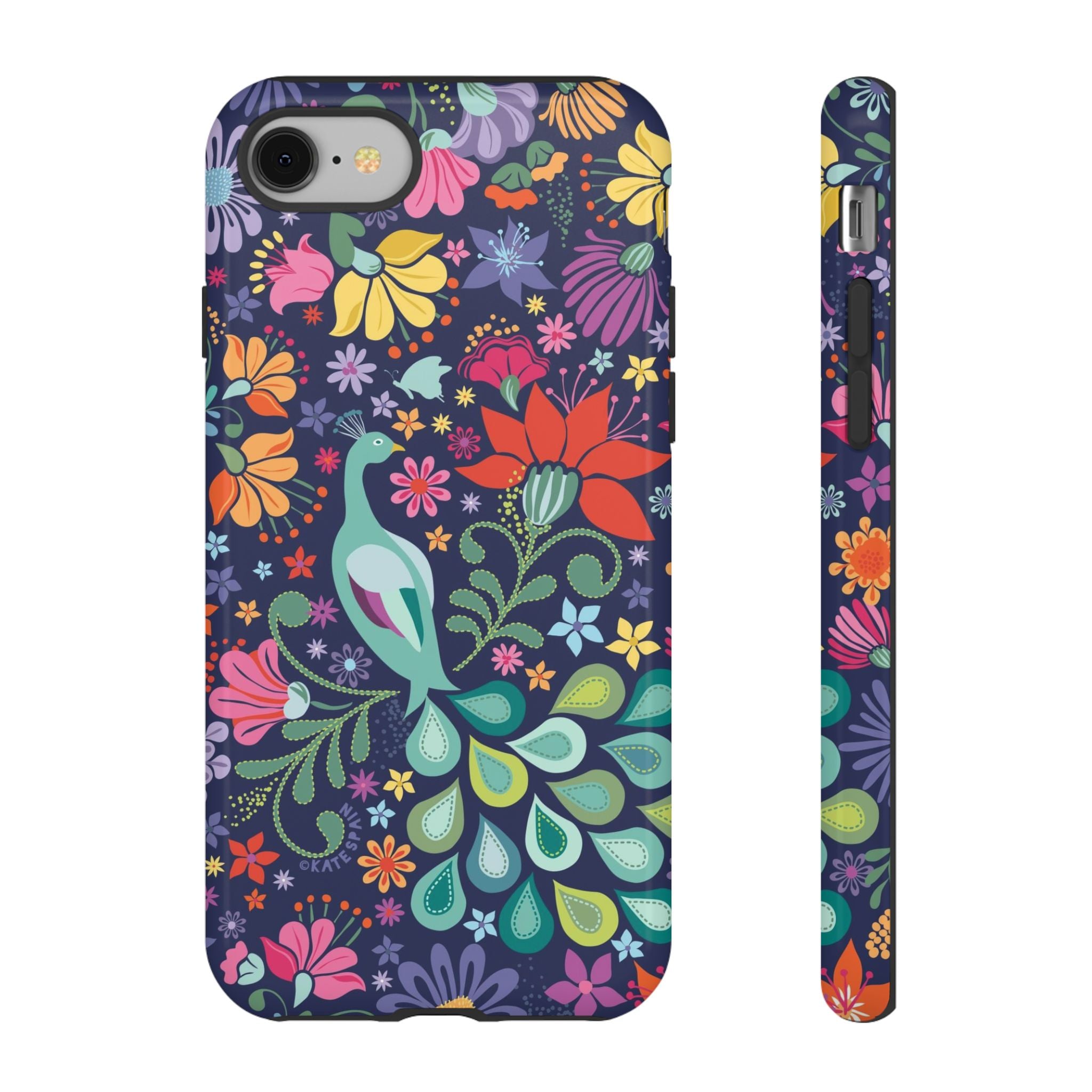 Peacock Sanctuary Tough iPhone 8 Case – Glossy | navy, teal, coral multicolor vibrant peacock feather botanical print