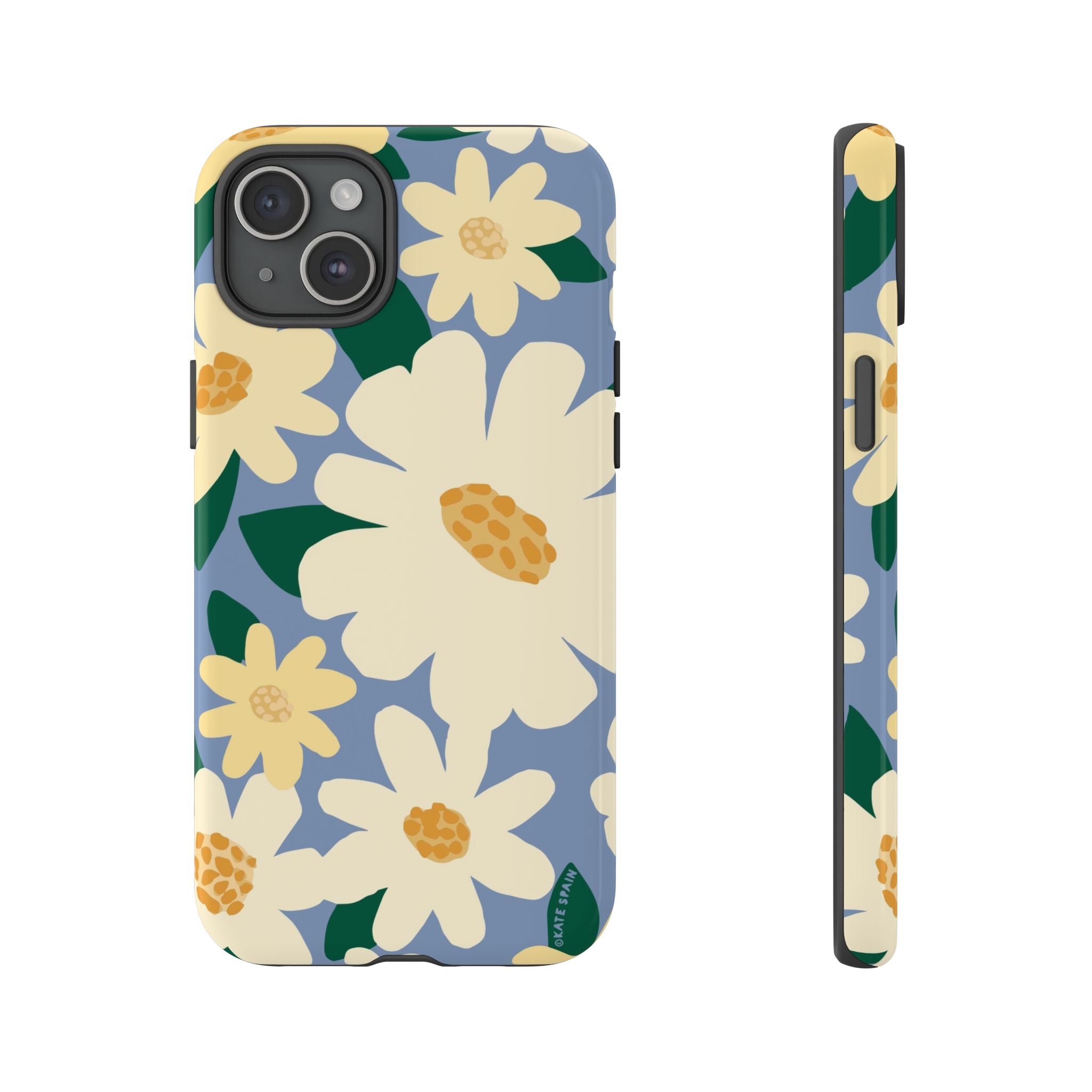 Chamomile Tough iPhone 15 Plus Case – Glossy | periwinkle, cream, yellow botanical daisy floral print