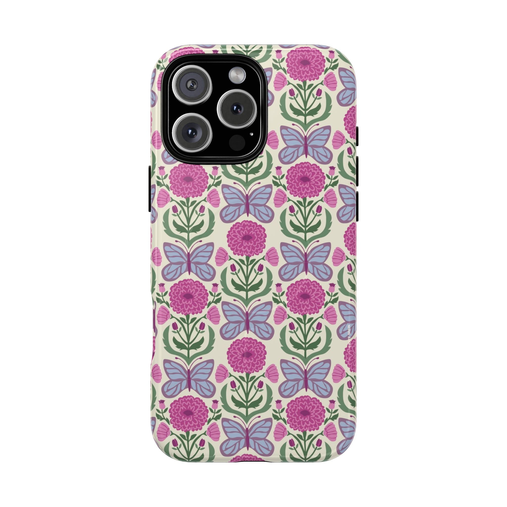 Butterfly MagSafe iPhone 16 Pro Max Case – Glossy | cream, magenta, periwinkle butterfly floral print