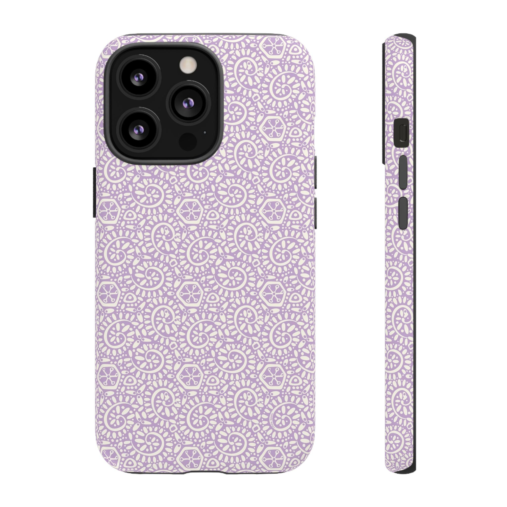 Canto Swirls Lavender iPhone 13 Pro Matte Case — lavender hard case covered in an intricate folk-art medallion pattern of radiating circular motifs, dot clusters, and geometric centers