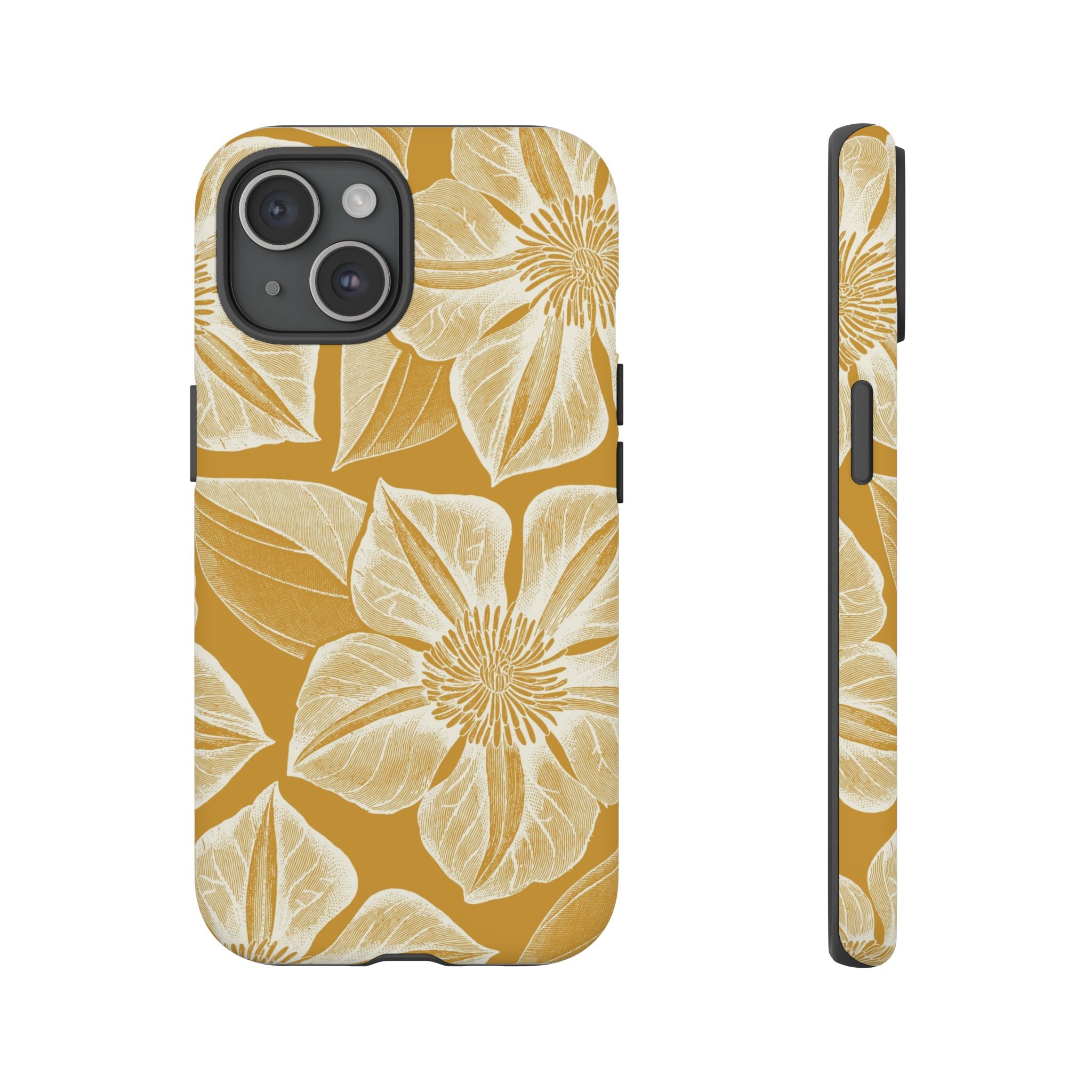 Vintage Bloom Gold iPhone 15 case – Matte | gold ground, large-scale cream clematis print, engraved petal detail, dual-layer protection