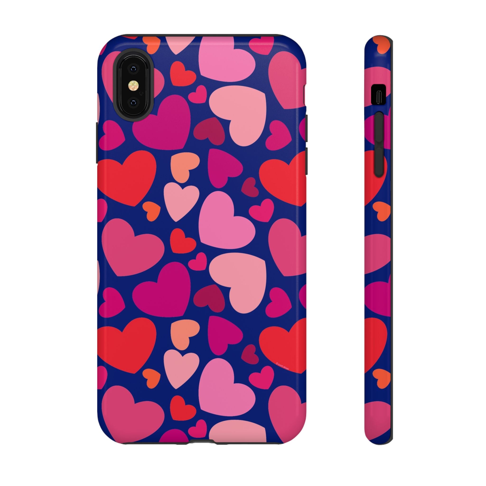 Hearts Tough iPhone XS Max Case – Glossy | navy, pink, red, coral scattered heart print