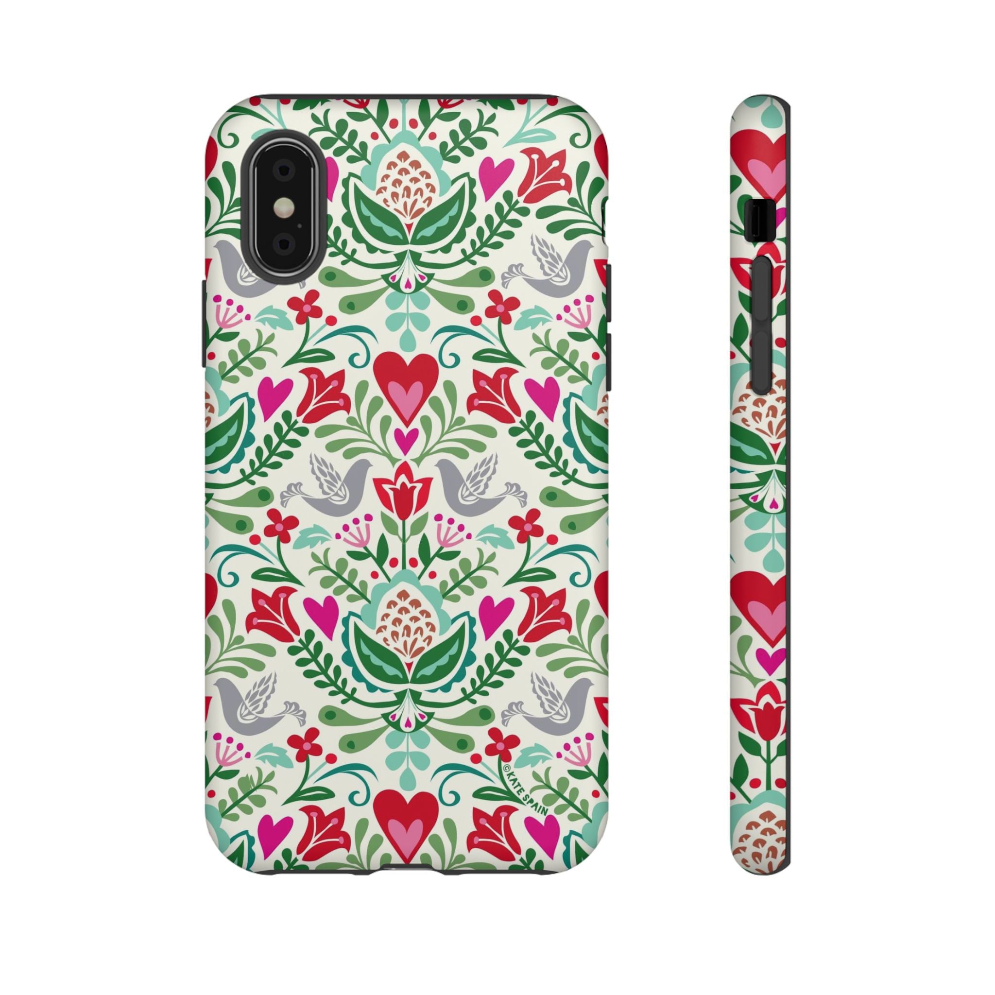 Rosemaling Tough iPhone X Case – Matte | cream, red, pink, green, gray folk art floral bird print
