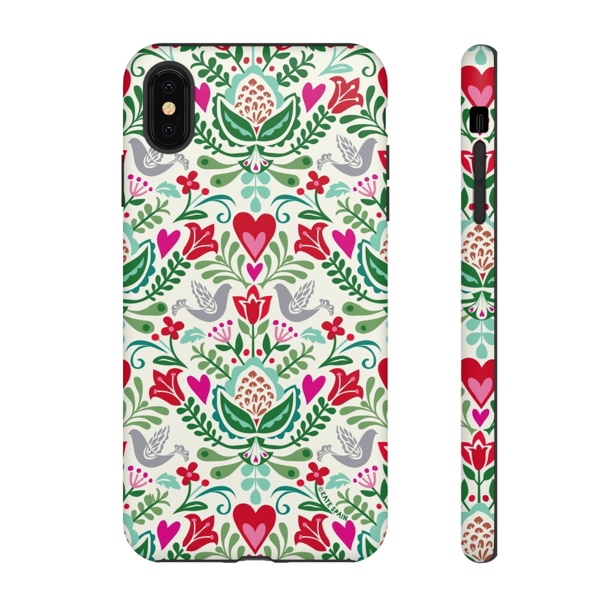Rosemaling Tough iPhone XS Max Case – Matte | cream, red, pink, green, gray folk art floral bird print