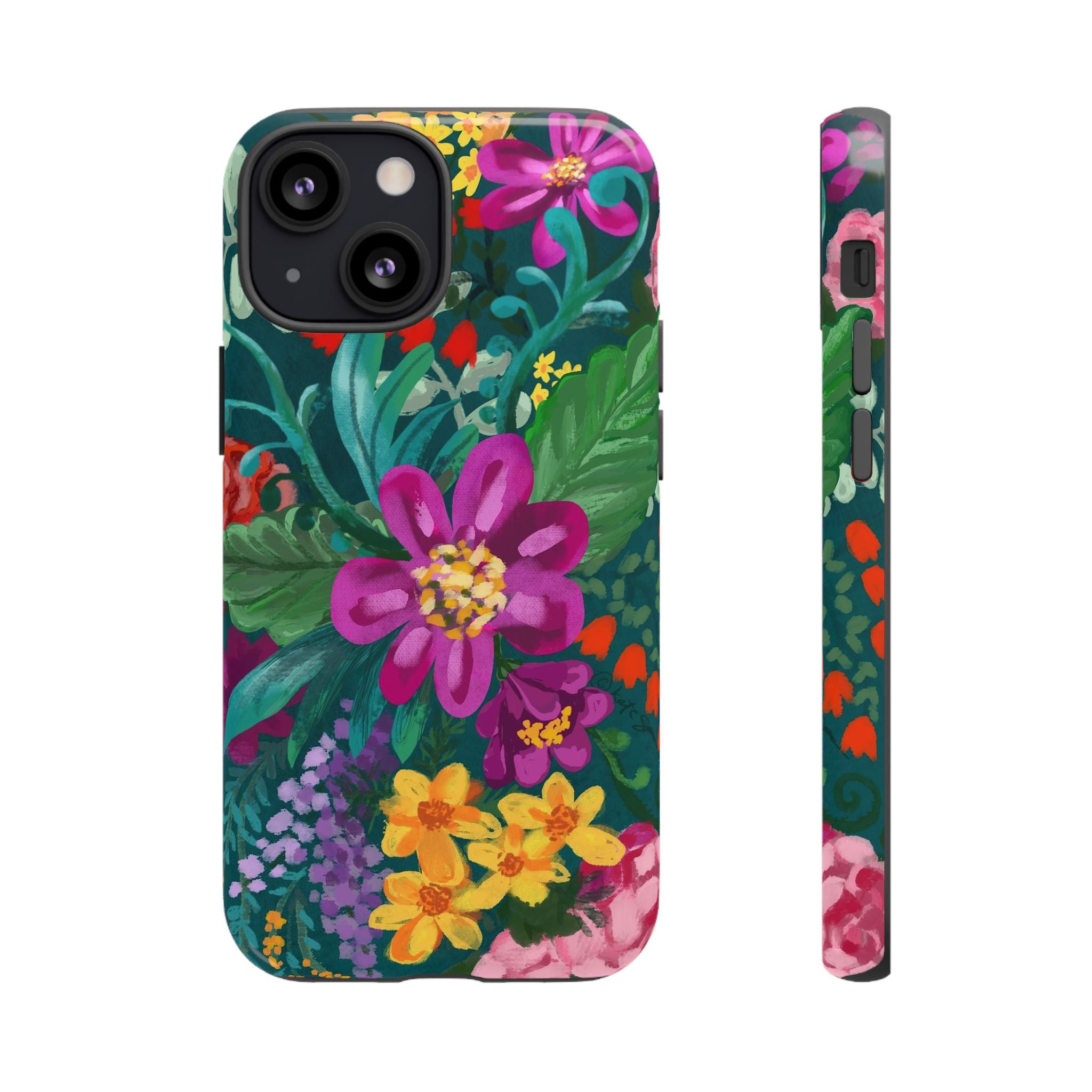 Posy Tough iPhone 13 Mini Case – Glossy | teal, purple, magenta, yellow botanical wildflower print