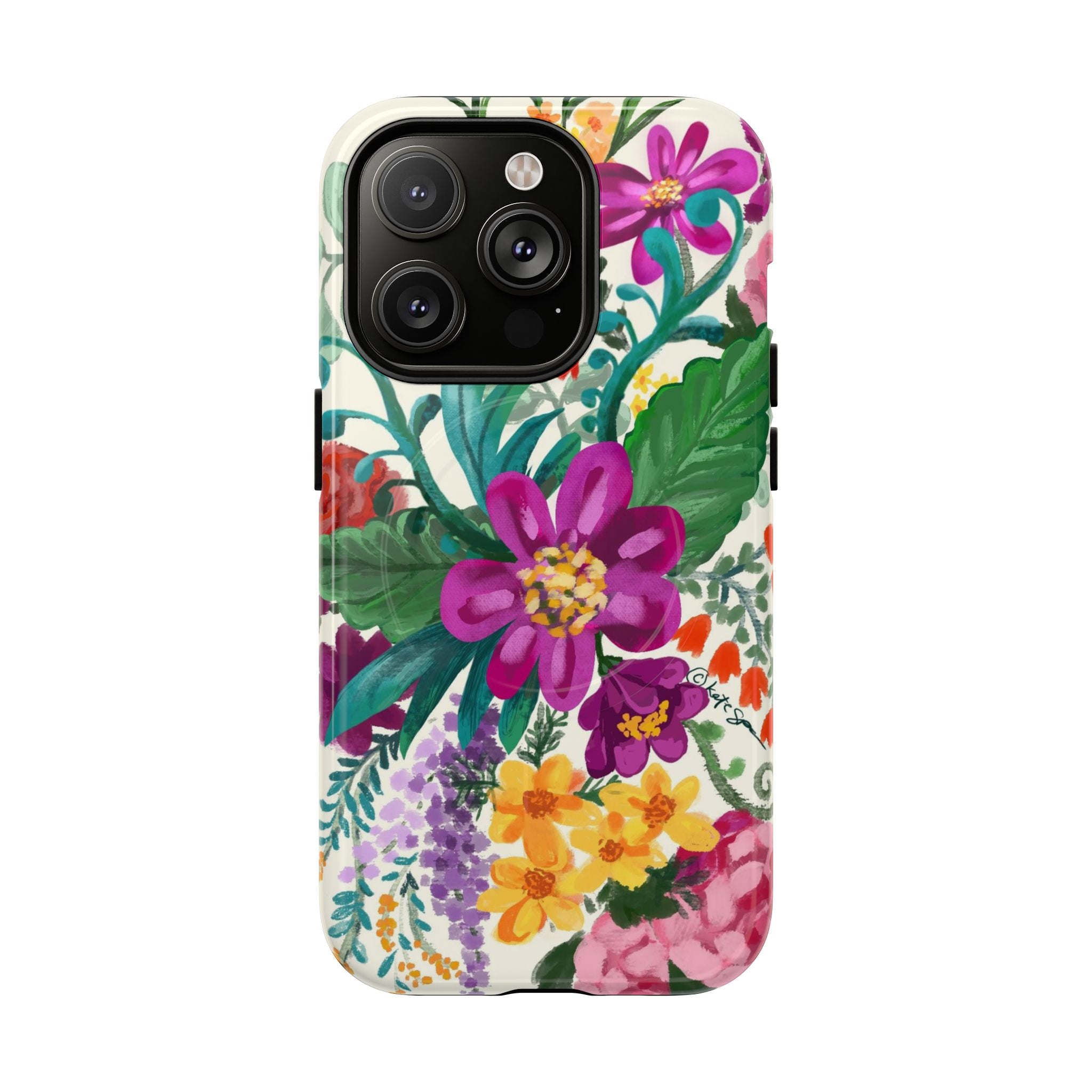 Posy MagSafe iPhone 14 Pro Case – Glossy | cream, magenta, coral botanical floral print
