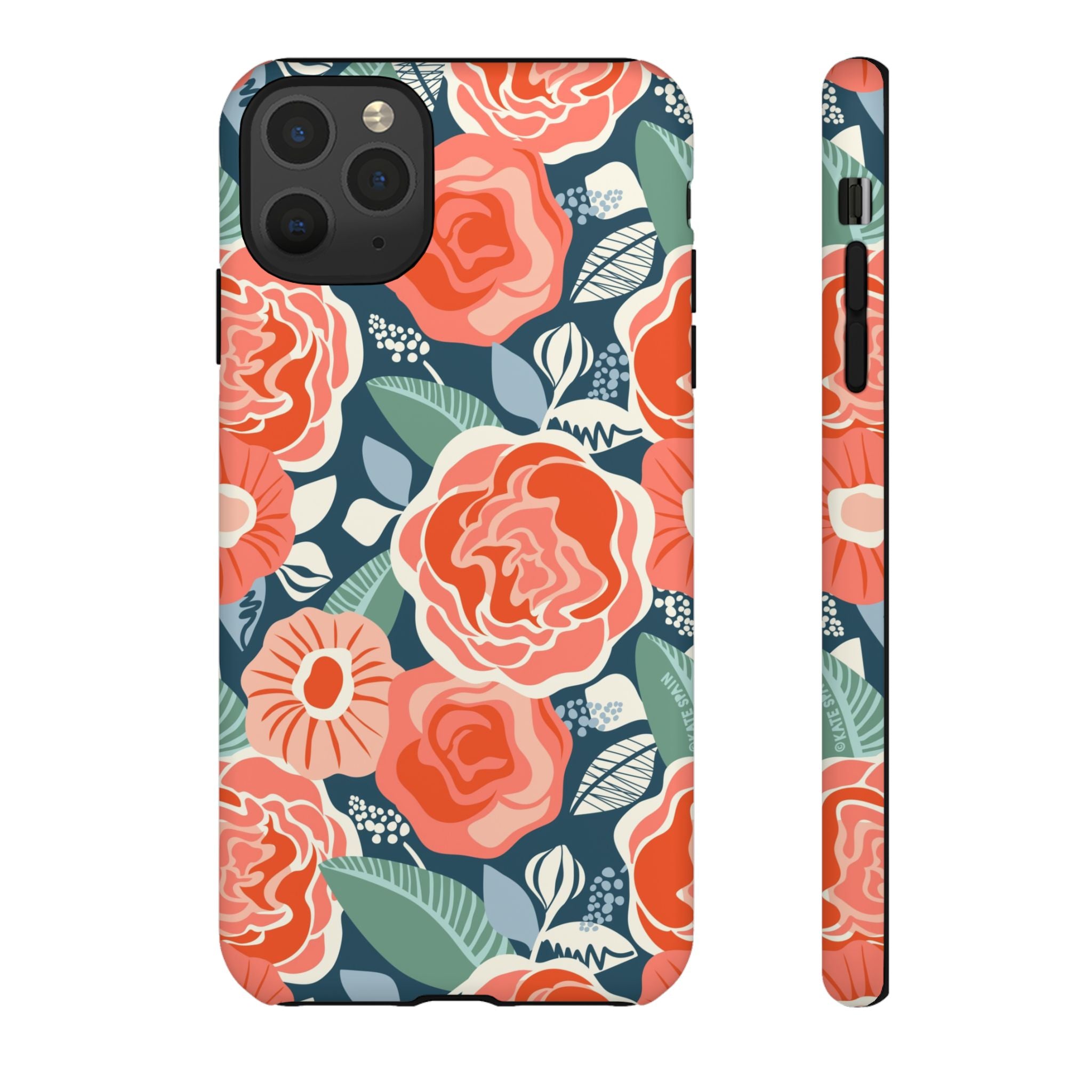 Tea Rose Navy Tough iPhone 12 Mini Case – Glossy | navy, coral, pink, cream rose floral print