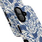 Ocean Tides MagSafe iPhone 16 Pro Max Case – Glossy | blue and white tidal bed ocean print | angled view closeup of camera cutout and buttons