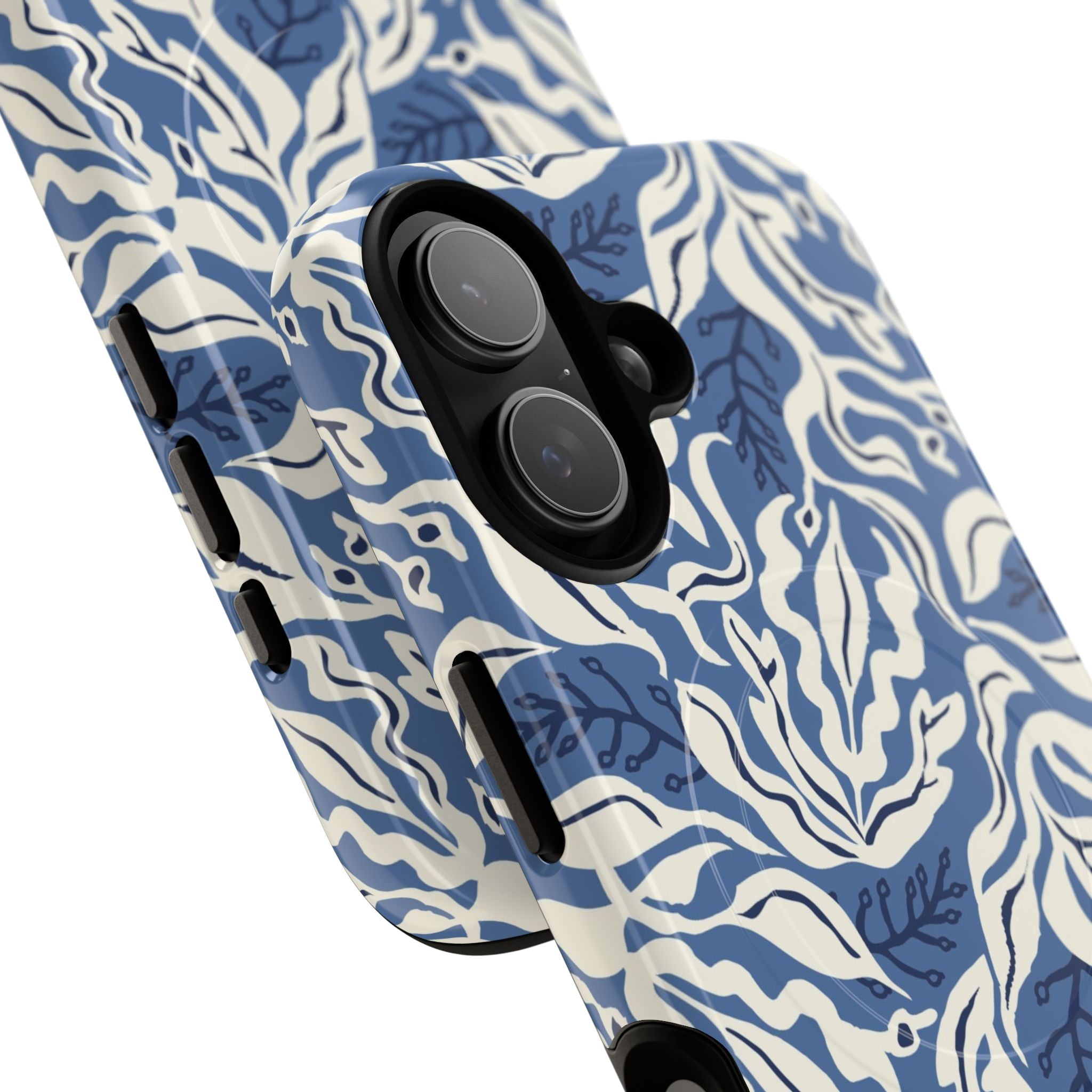 Ocean Tides MagSafe iPhone 16 Pro Max Case – Glossy | blue and white tidal bed ocean print | angled view closeup of camera cutout and buttons