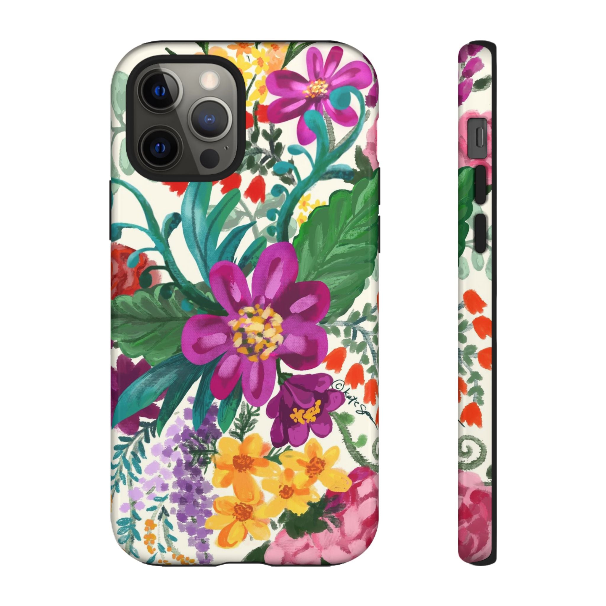 Posy Tough iPhone 12 Pro Case – Glossy | cream, magenta, coral botanical floral print