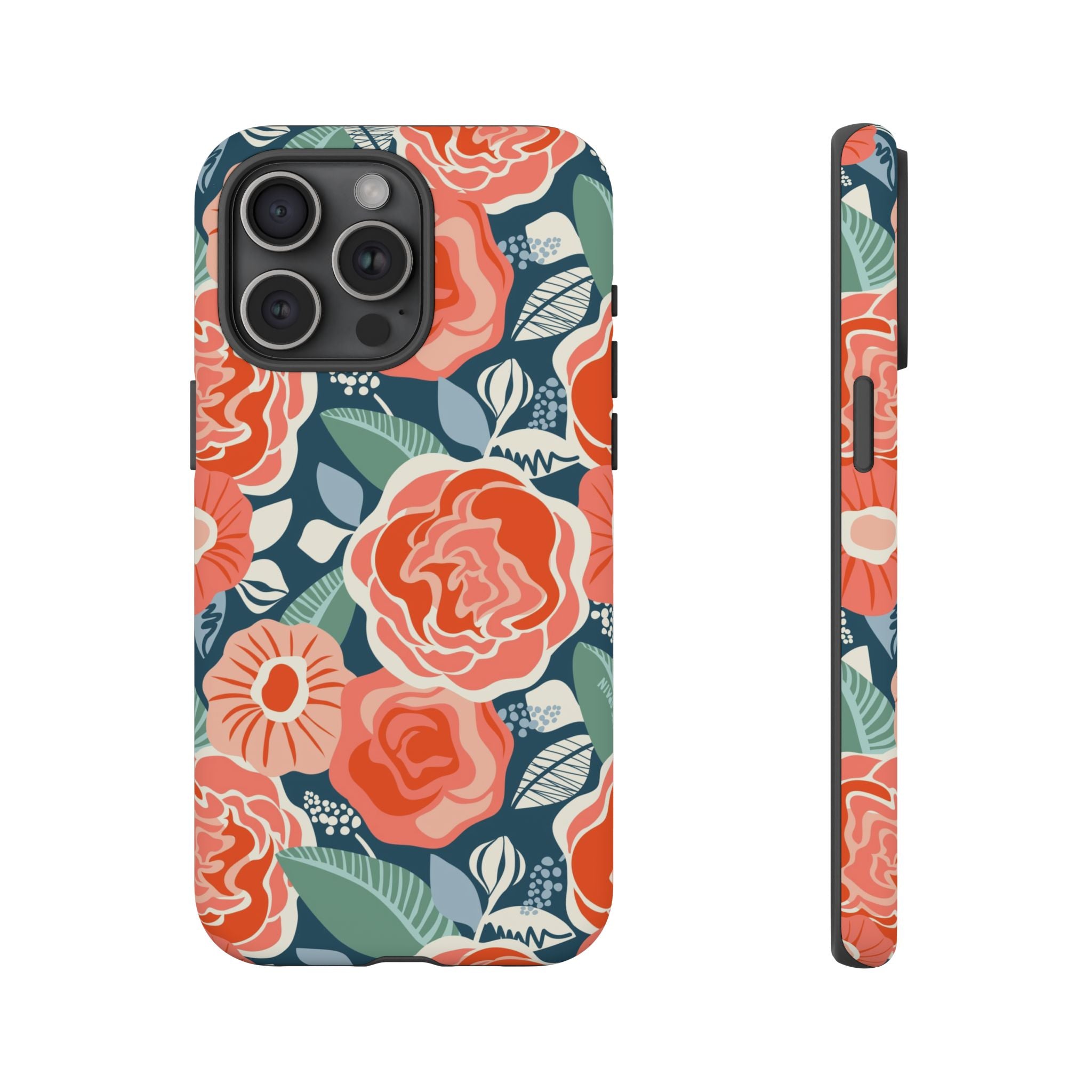 Tea Rose Navy Tough iPhone 16 Case – Glossy | navy, coral, pink, cream rose floral print