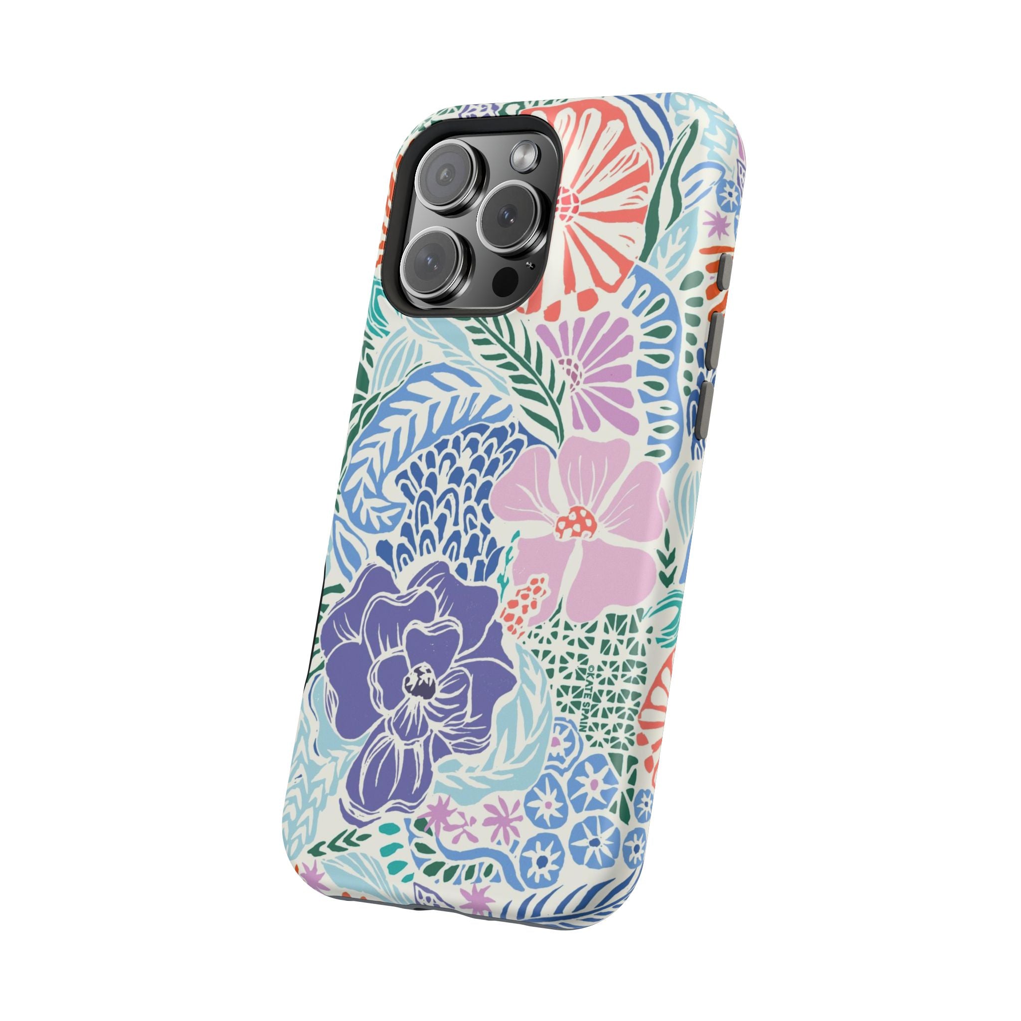 Tropica MagSafe iPhone 16 Pro Max Case – Glossy angled view | purple, coral, pink, blue botanical tropical floral print MagSafe compatible, dual-layer protection