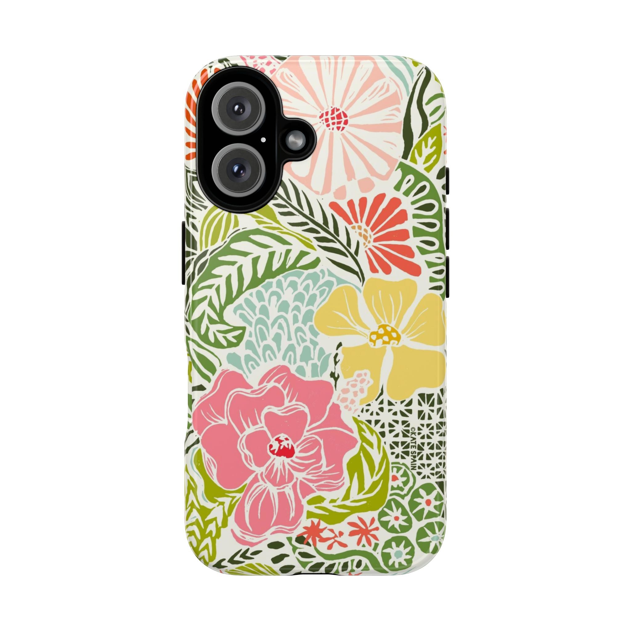 Tropica Tough iPhone 16 Case – Glossy | cream, pink, yellow, blue botanical floral print