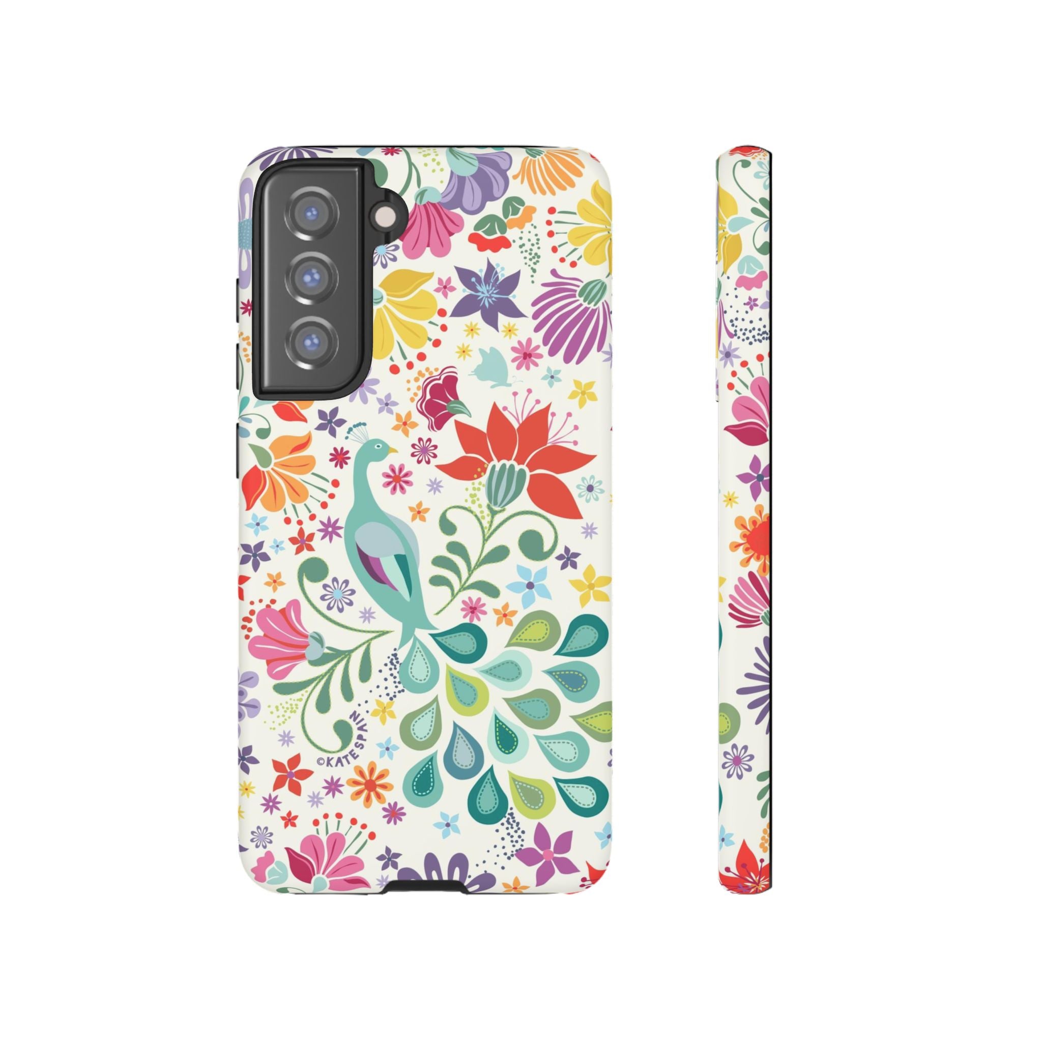 Luxury Peacock Sanctuary Samsung Galaxy S21 FE Case – Matte | white, teal, coral multicolor vibrant peacock feather botanical print