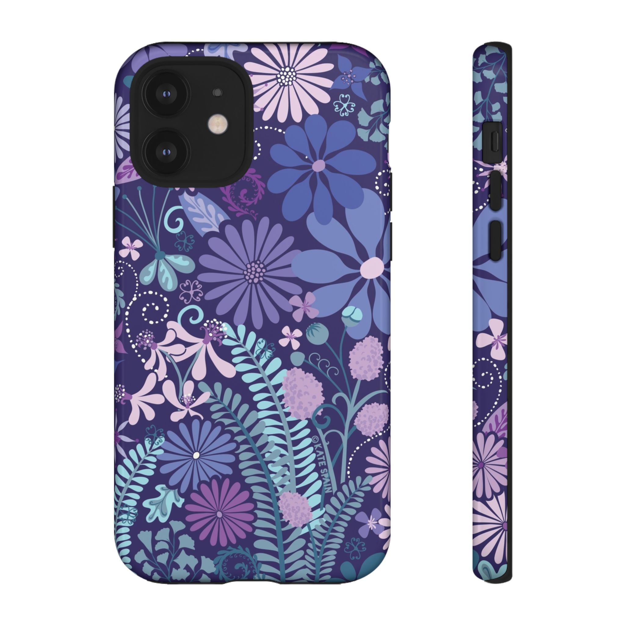 Luxury Terrain Tough iPhone 12 Case – Glossy | navy, purple, aqua botanical woodland floral print