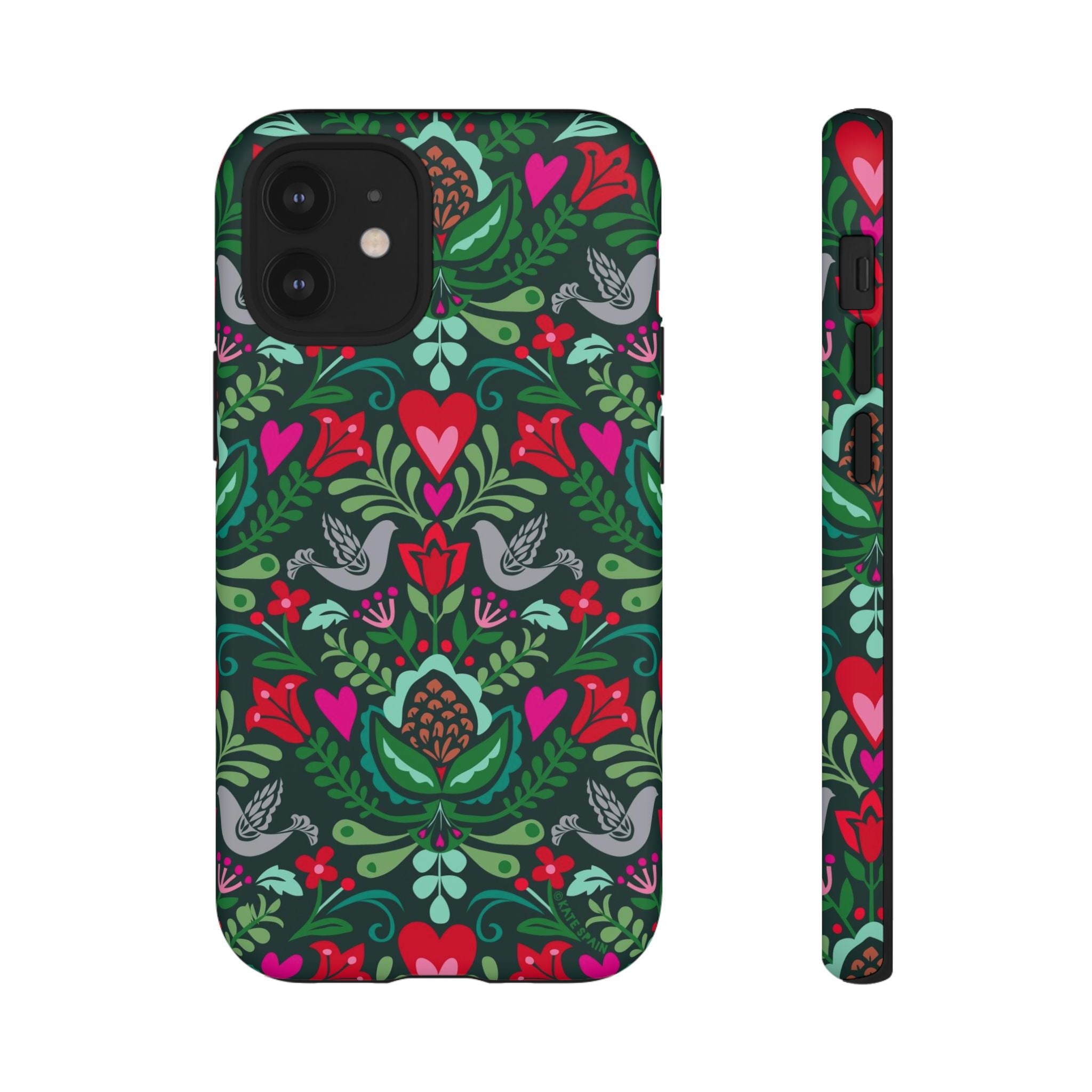 Rosemaling Tough iPhone 12 Mini Case – Matte | dark green, red, pink, gray folk art floral bird print