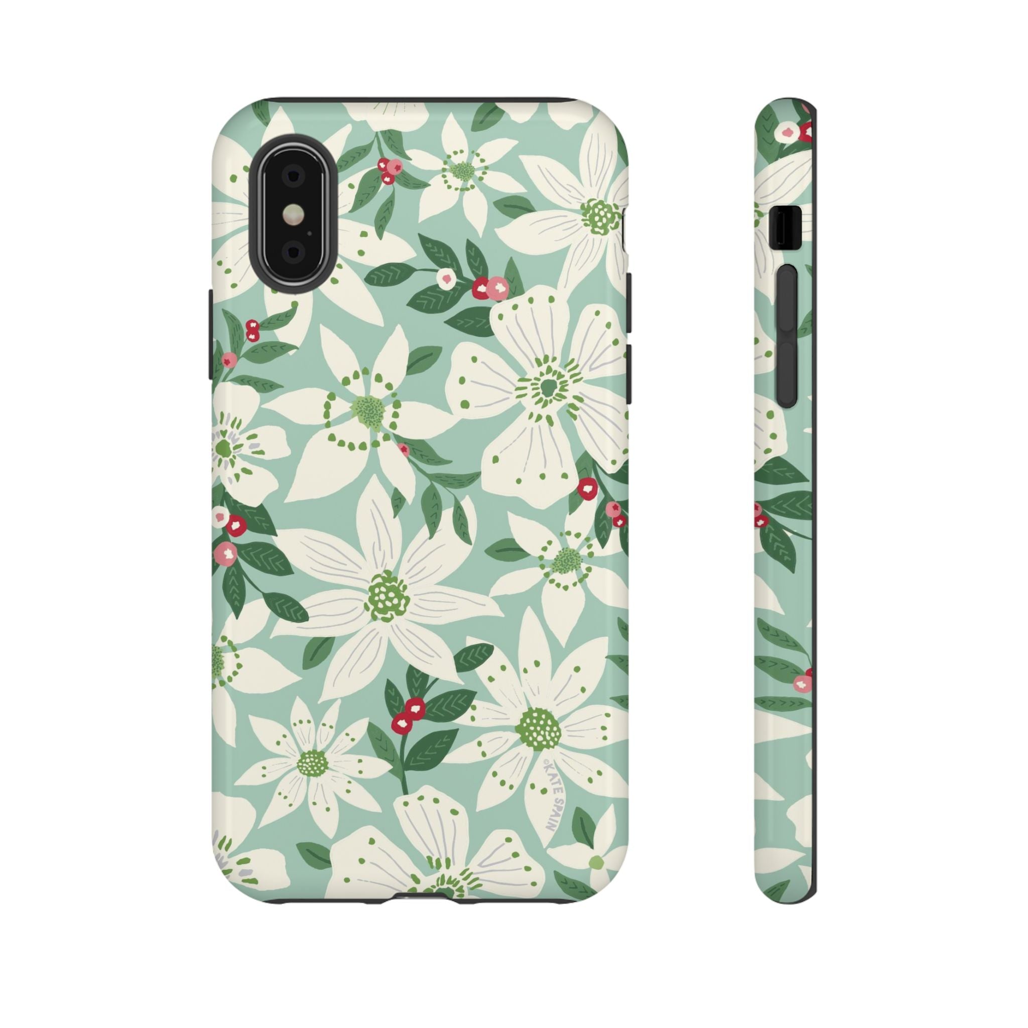 Gardenia Tough iPhone XS Case – Glossy | light blue, white, green, red gardenia botanical print