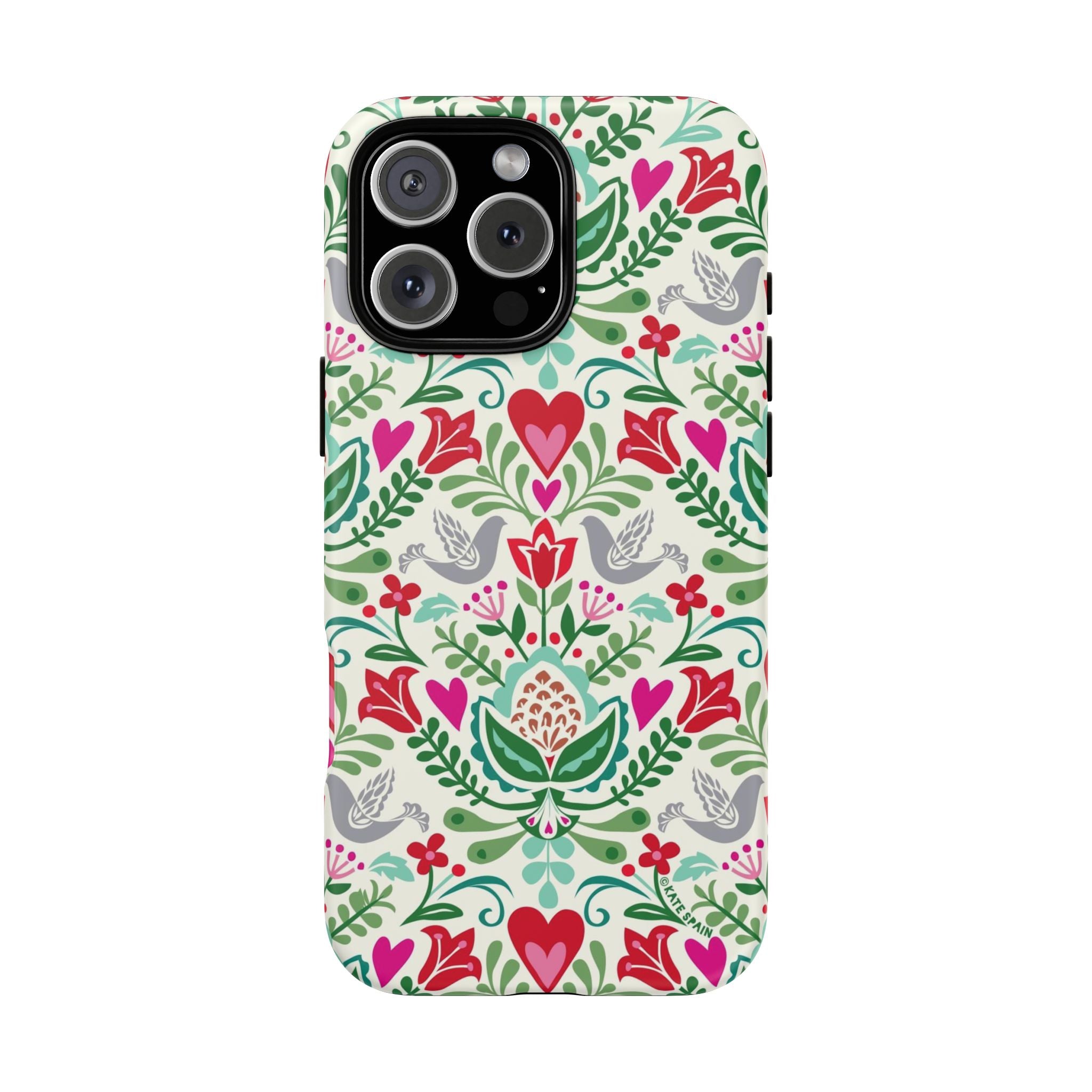 Rosemaling Tough iPhone 16 Pro Max Case – Matte | cream, red, pink, green, gray folk art floral bird print