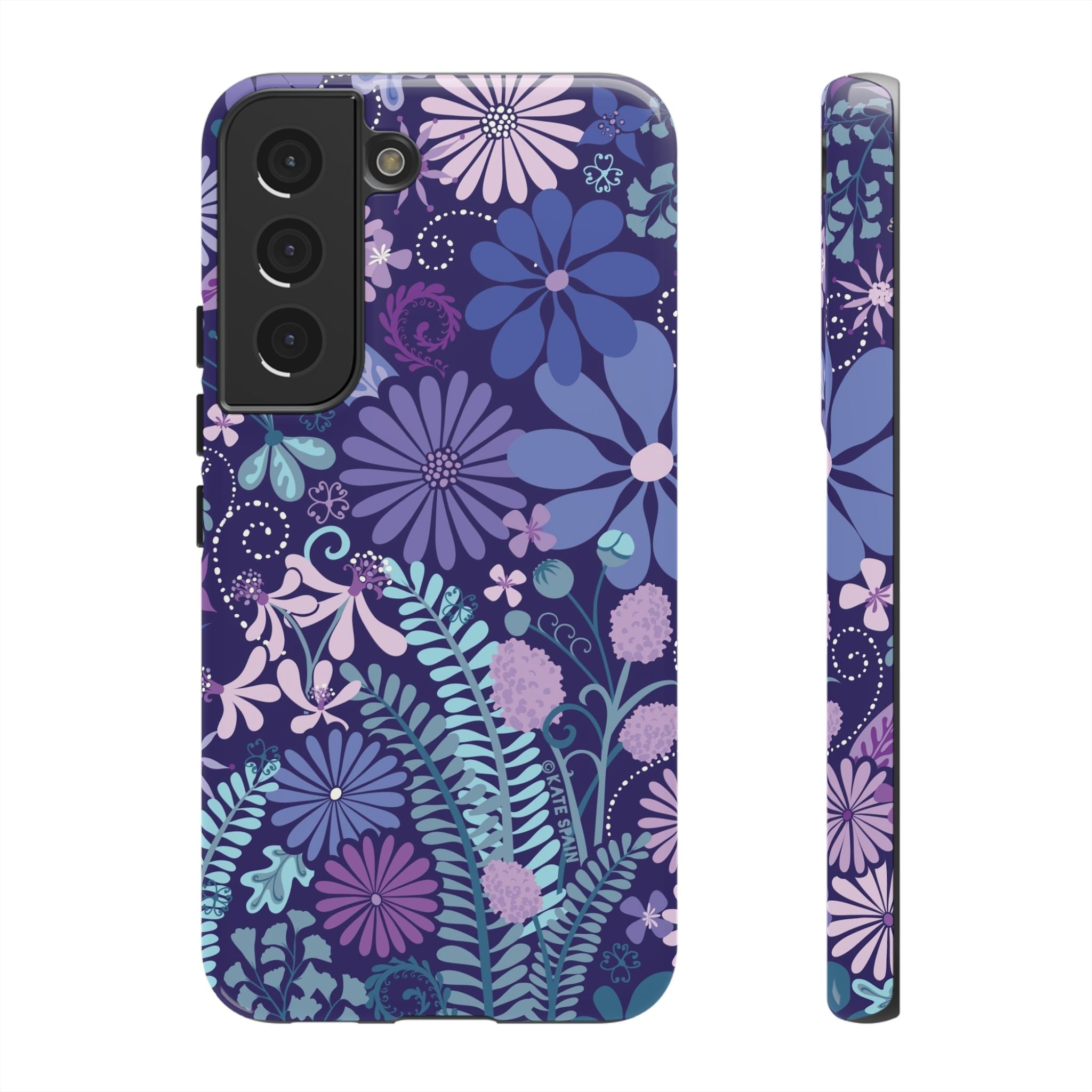 Luxury Terrain Samsung Galaxy S22 Case – Glossy | navy, purple, aqua botanical woodland floral print